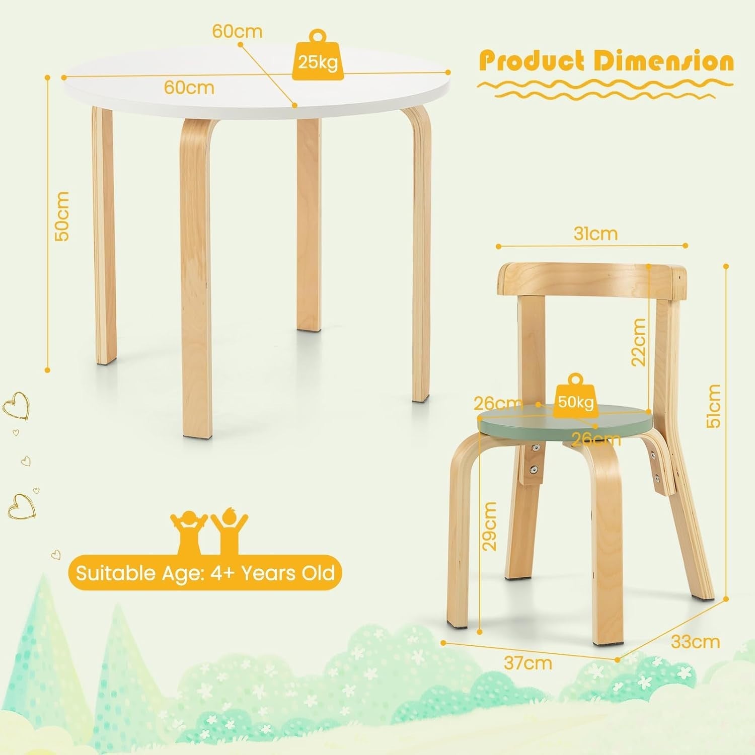 Kids 5-Piece Table & Chair Set, Wooden Round Activity Furniture for Play & Learn