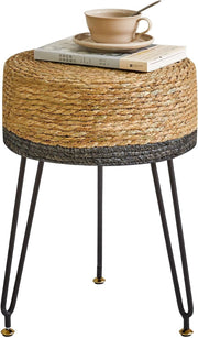 Black Seagrass Woven Footstool Pastoral Round Stool Metal Legs 32×32×45cm
