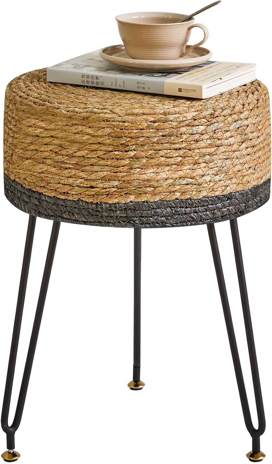 Black Seagrass Woven Footstool Pastoral Round Stool Metal Legs 32×32×45cm