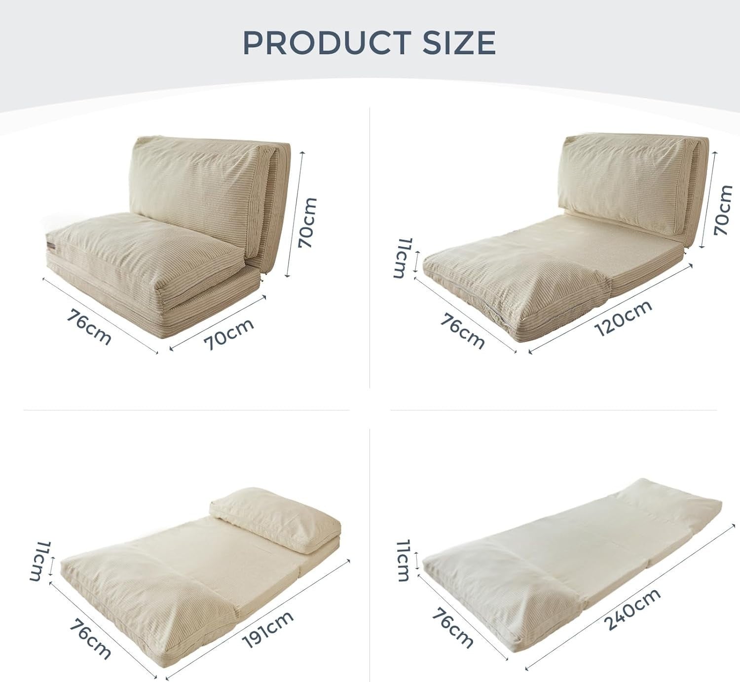 Beige Corduroy Folding Floor Sofa Bed Chair 4 Fold Mattress Lounger 75x240