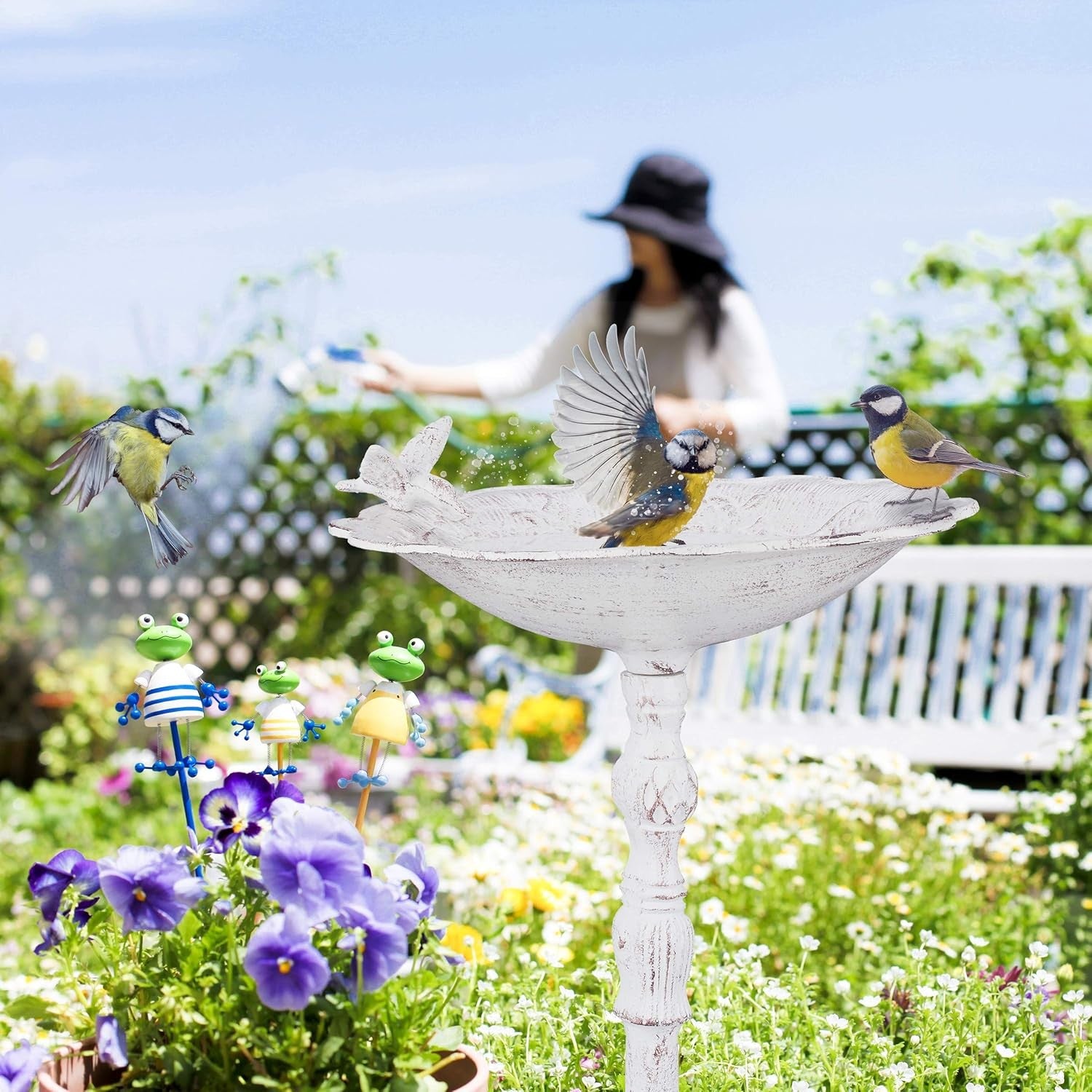 White Cast Iron Bird Bath | 74cm Antique Standing Garden Water Bowl