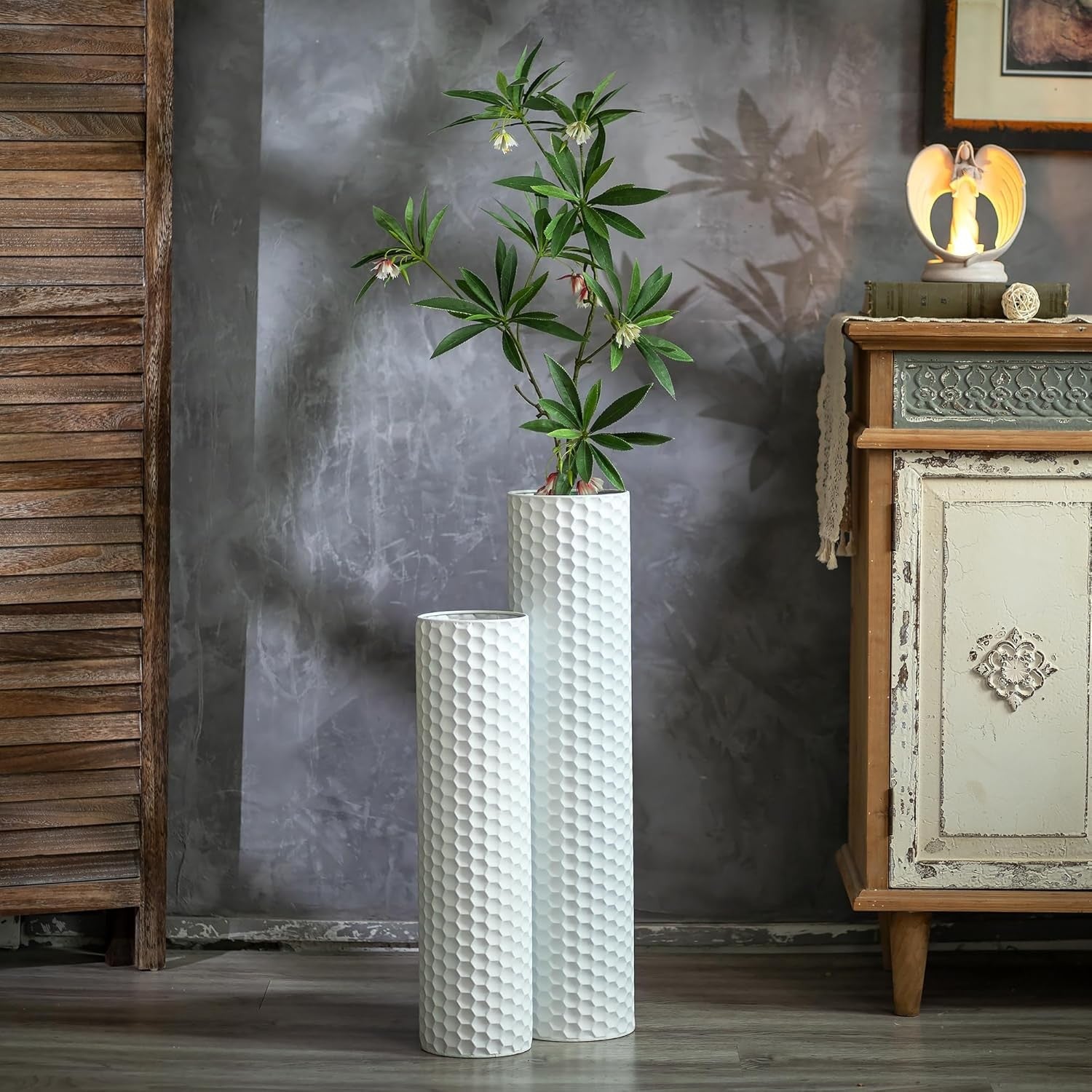 White Tall Floor Vase Set of 2 Metal Standing Vases Modern Home Decor