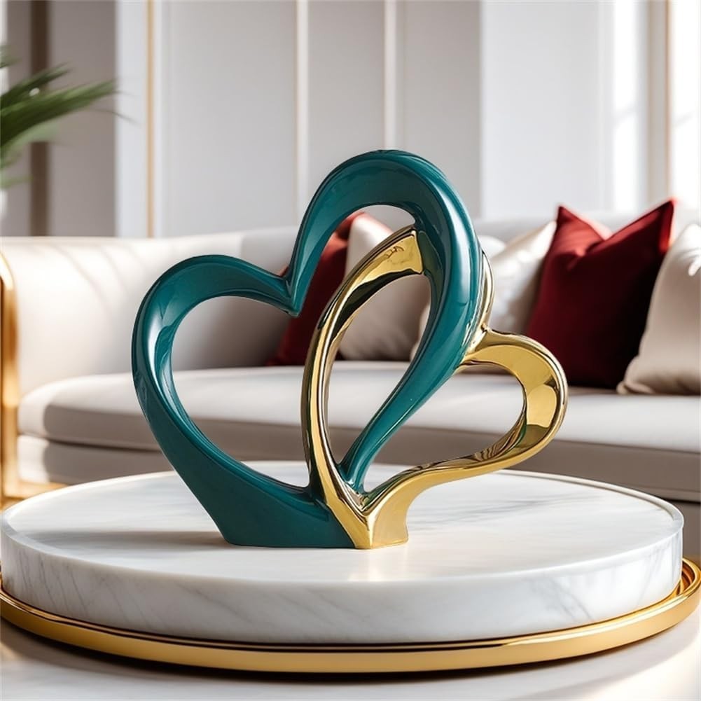 Modern Double Heart Ceramic Sculpture Green Gold Ornament Luxury Home Decor Gift