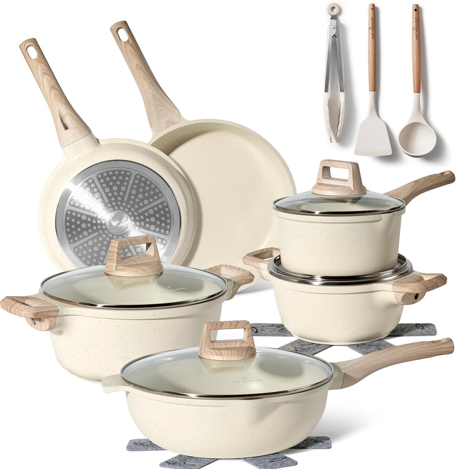 15pcs White Granite Induction Non Stick Cookware Set Pots & Pans with Utensils