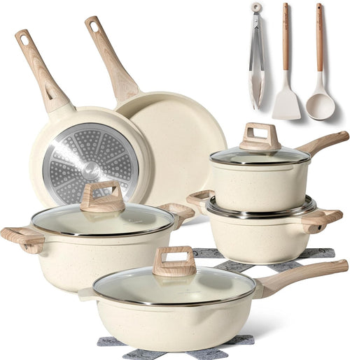 15pcs White Granite Induction Non Stick Cookware Set Pots & Pans with Utensils