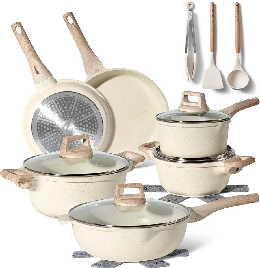 15pcs White Granite Induction Non Stick Cookware Set Pots & Pans with Utensils