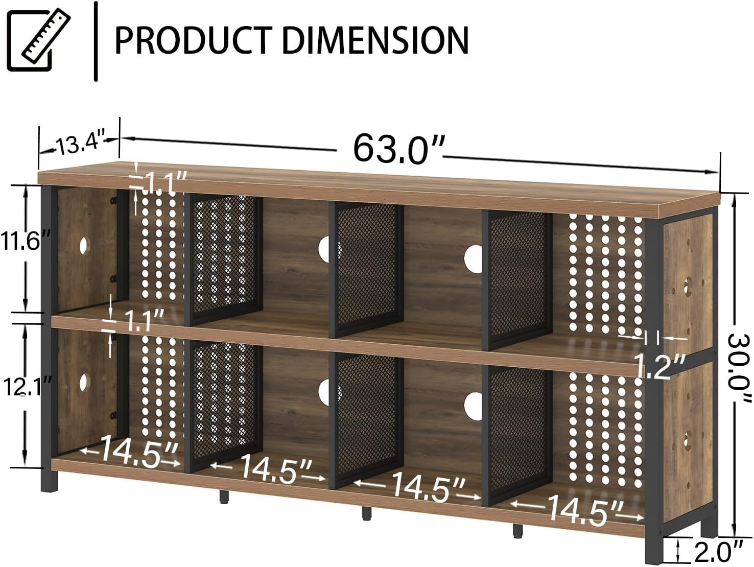 Rustic Oak 8 Cube Wooden Bookcase Storage Cabinet Industrial Style 160x34x76cm