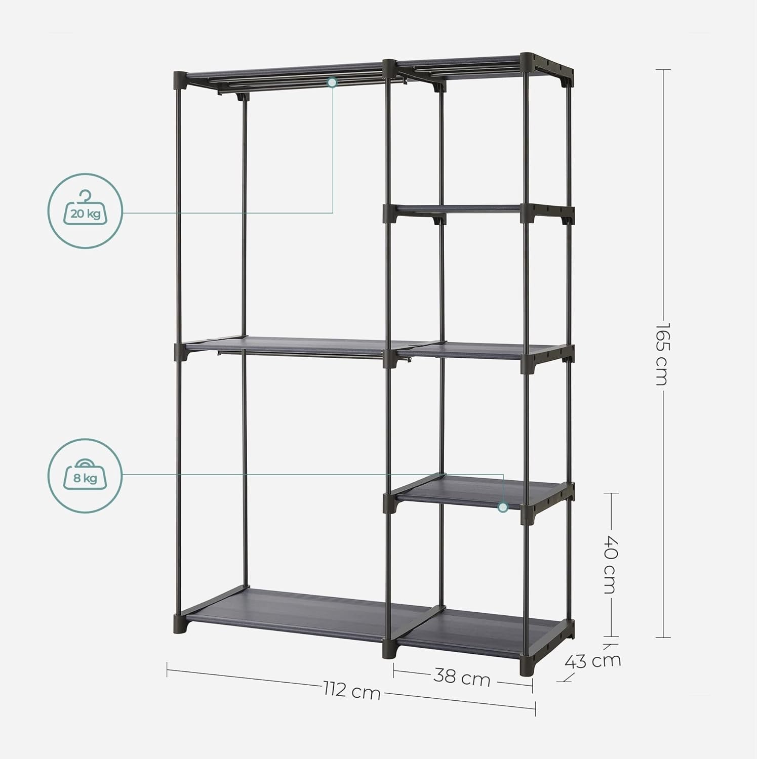 Freestanding Wardrobe with Shelves & Rails – Grey 165cm