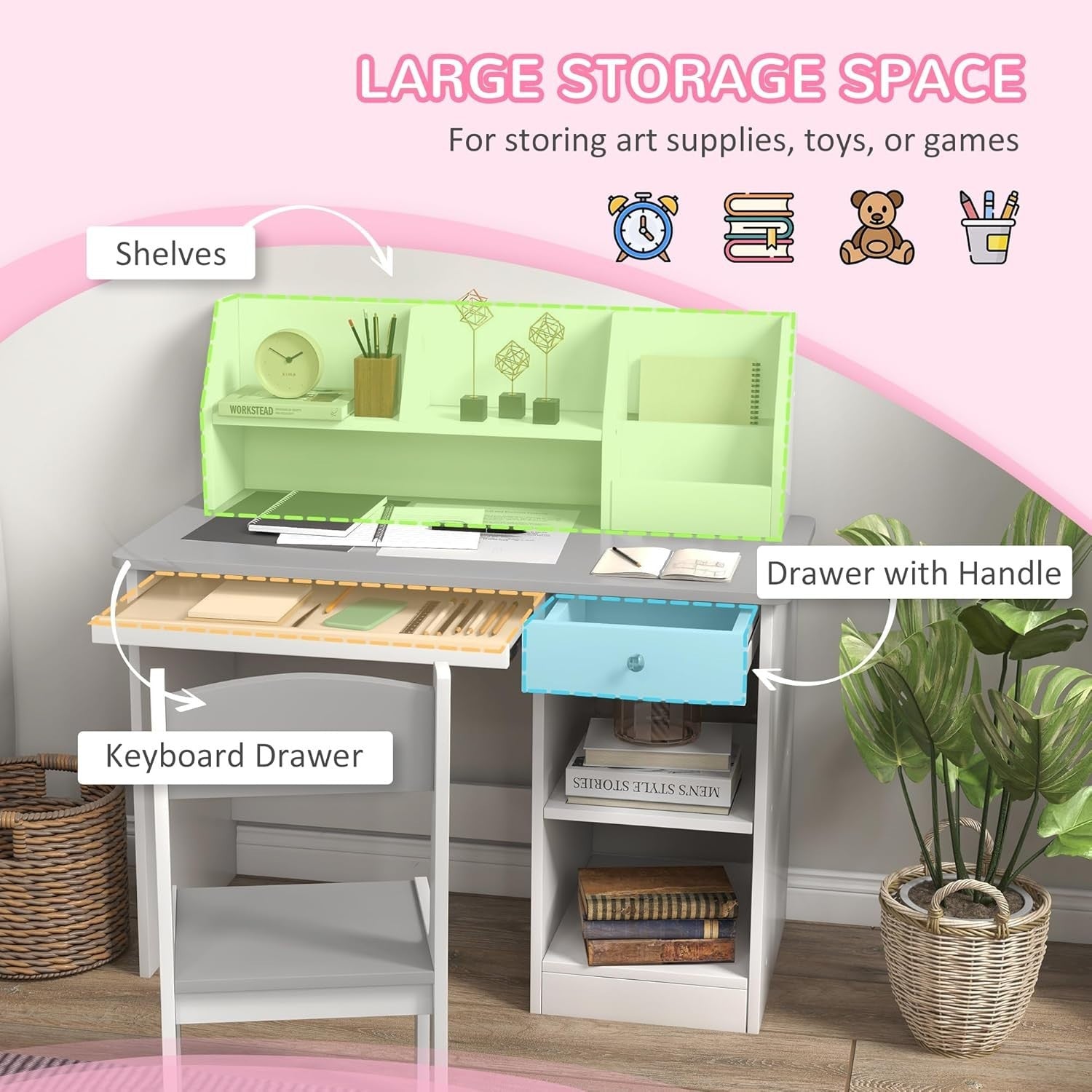 Kids Desk and Chair Set with Storage Drawer Study Table for Ages 5-8 Grey