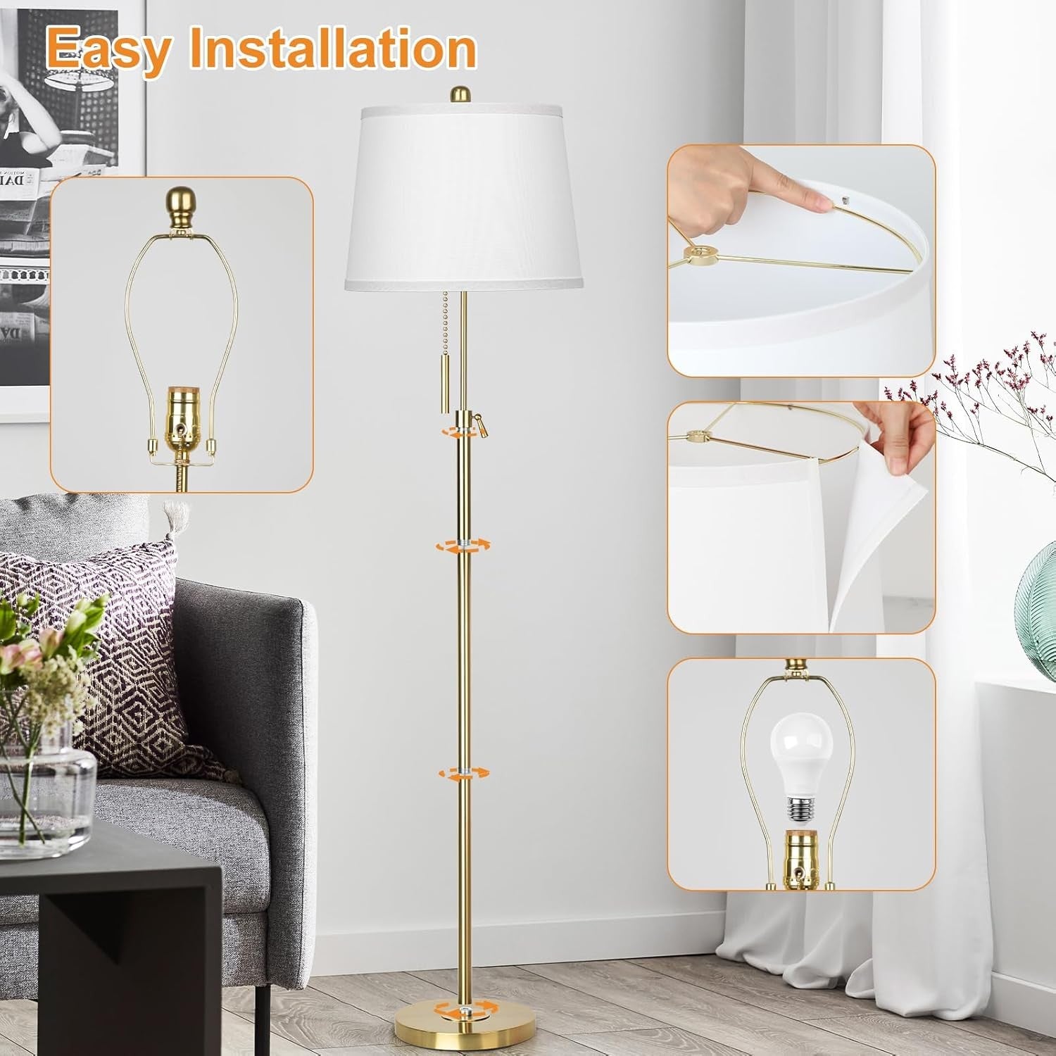 Adjustable Floor Lamp Gold Height Adjustable 3 Colour LED Standing Light