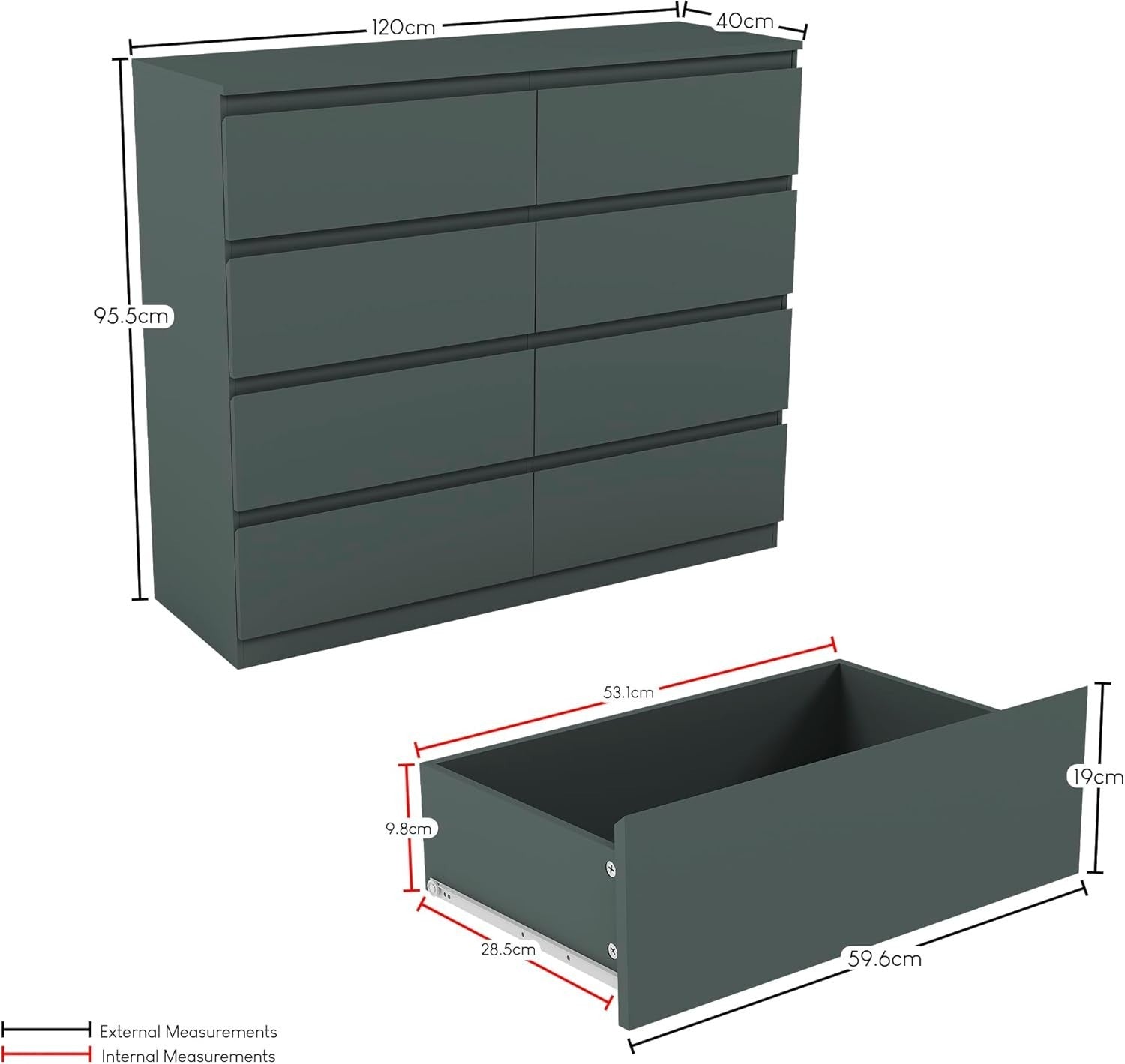 8 Drawer Chest Storage Unit Modern Wide Tall Cabinet Green Bedroom