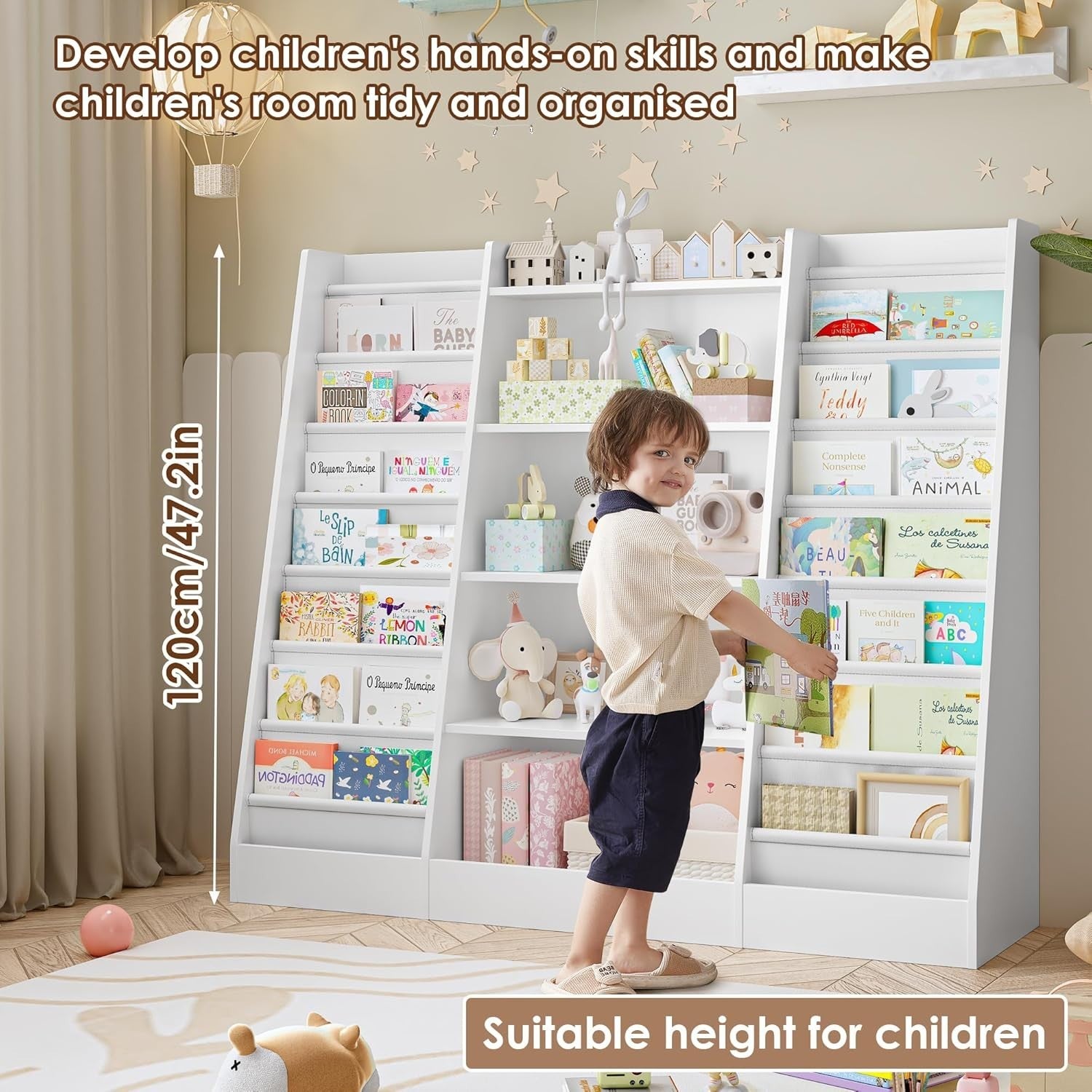 Kids Bookshelf Toy Storage Unit with 14 Sling Shelves & 5 Open Racks 129cm