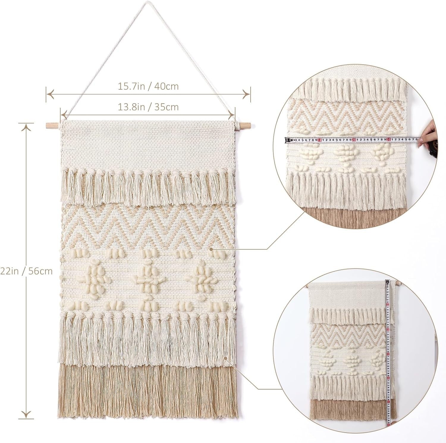 Boho Macrame Wall Hanging Beige Geometric Wave Wool Ball Tapestry