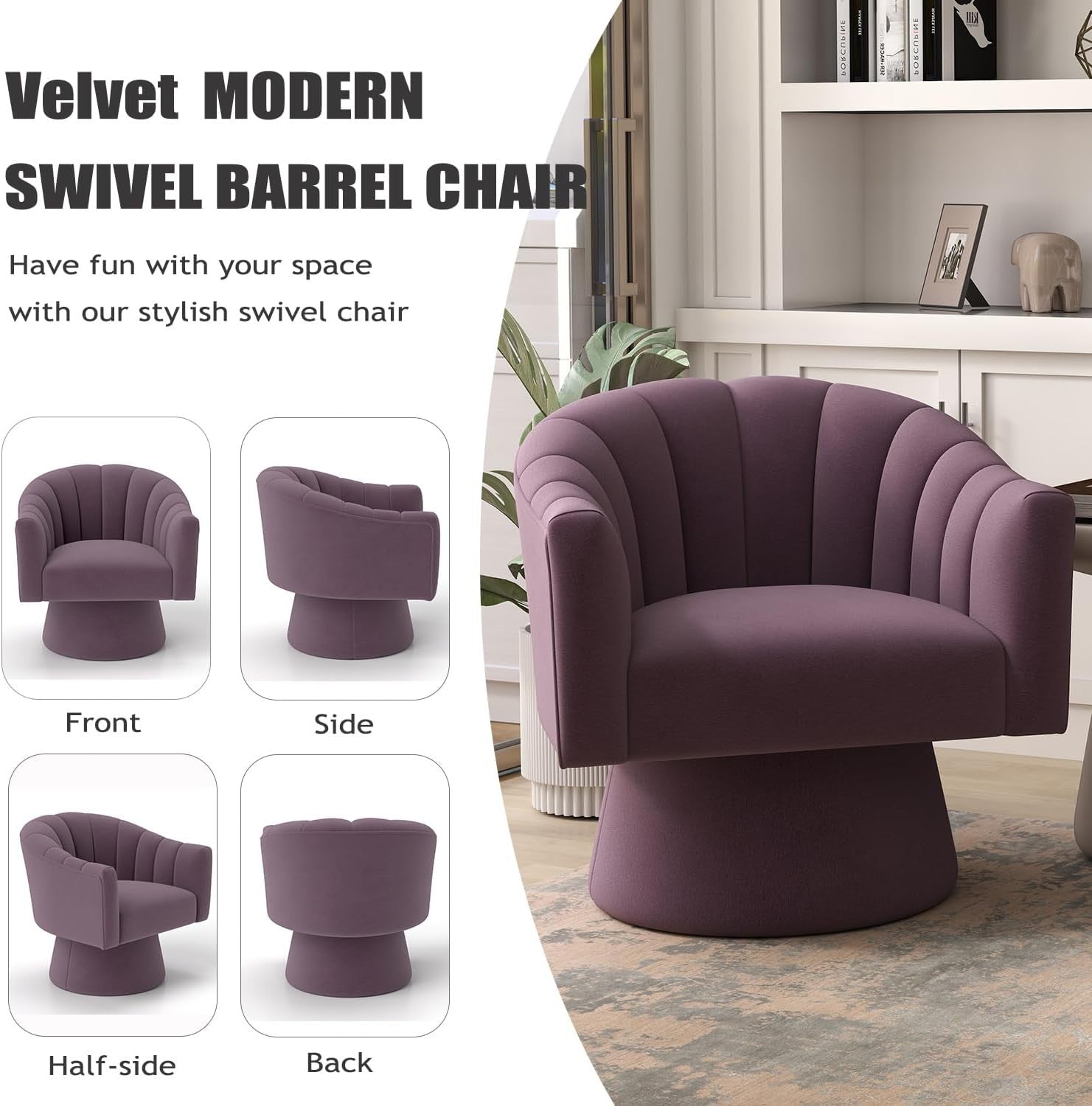 Purple Velvet Swivel Accent Chair 360° Barrel Lounge Armchair