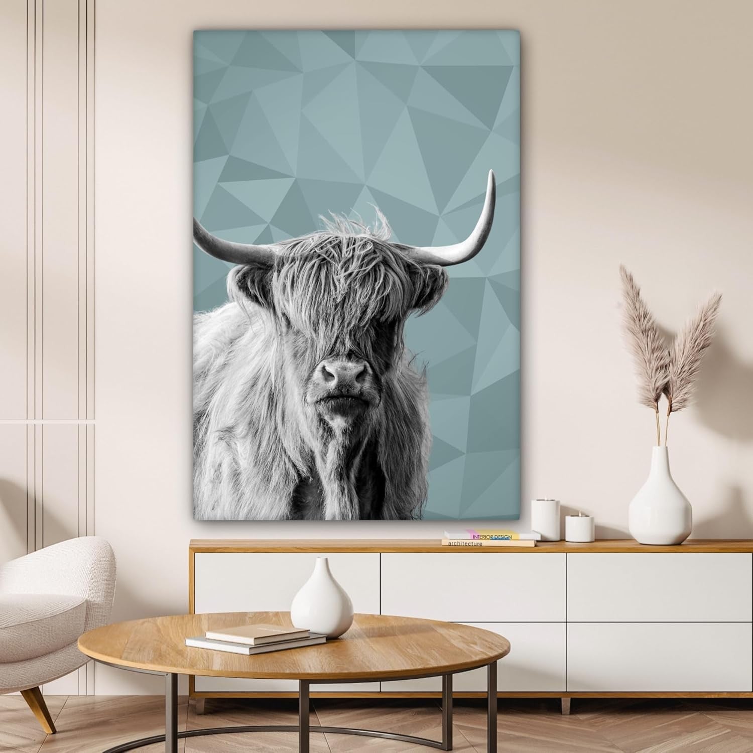 Large Highland Cow Canvas Wall Art Black White Modern Animal Print 31x47