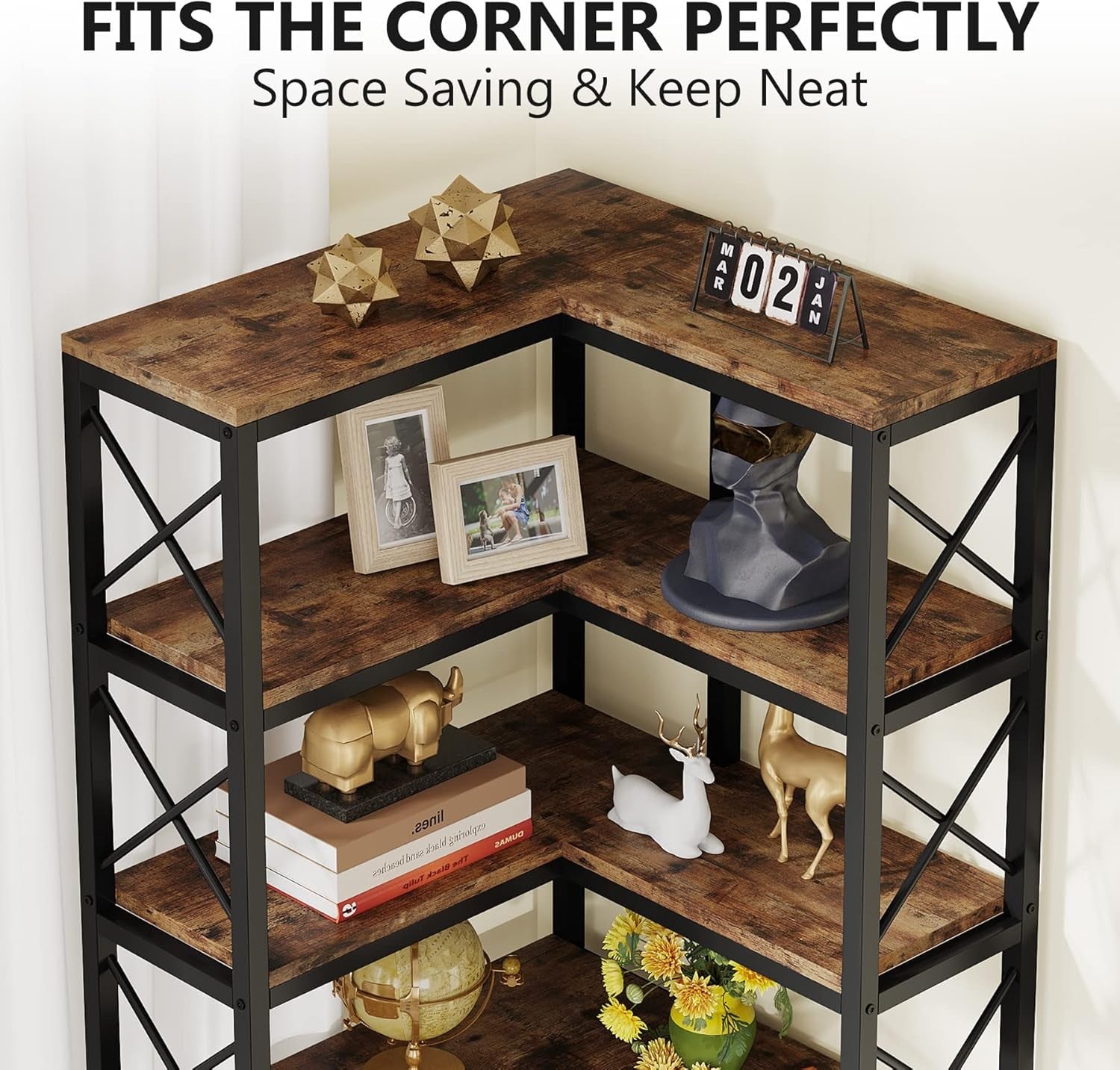 Tall 7-Tier Corner Bookshelf | 200cm Rustic Wood & Metal Display Storage Unit