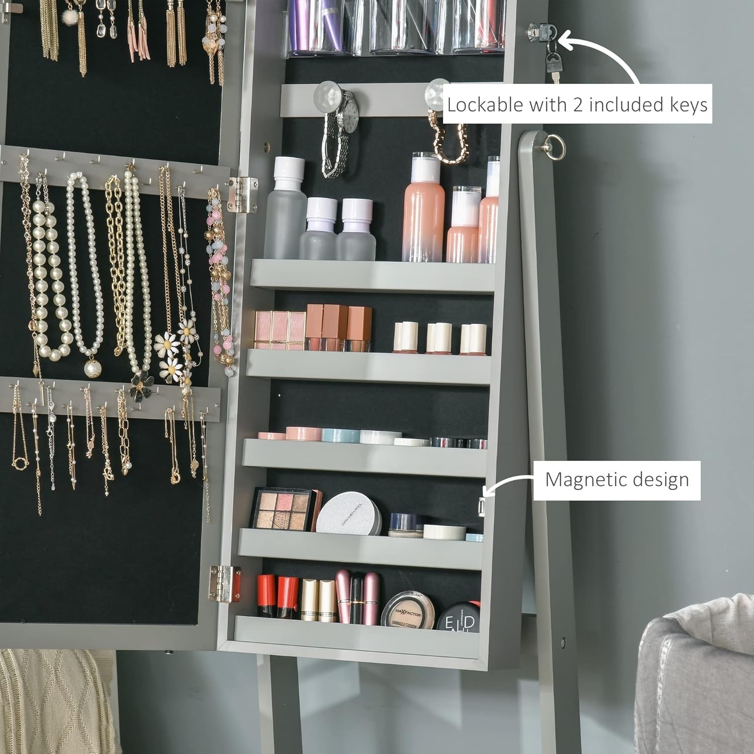 Grey LED Jewelry Armoire Freestanding Full Mirror Lockable Storage