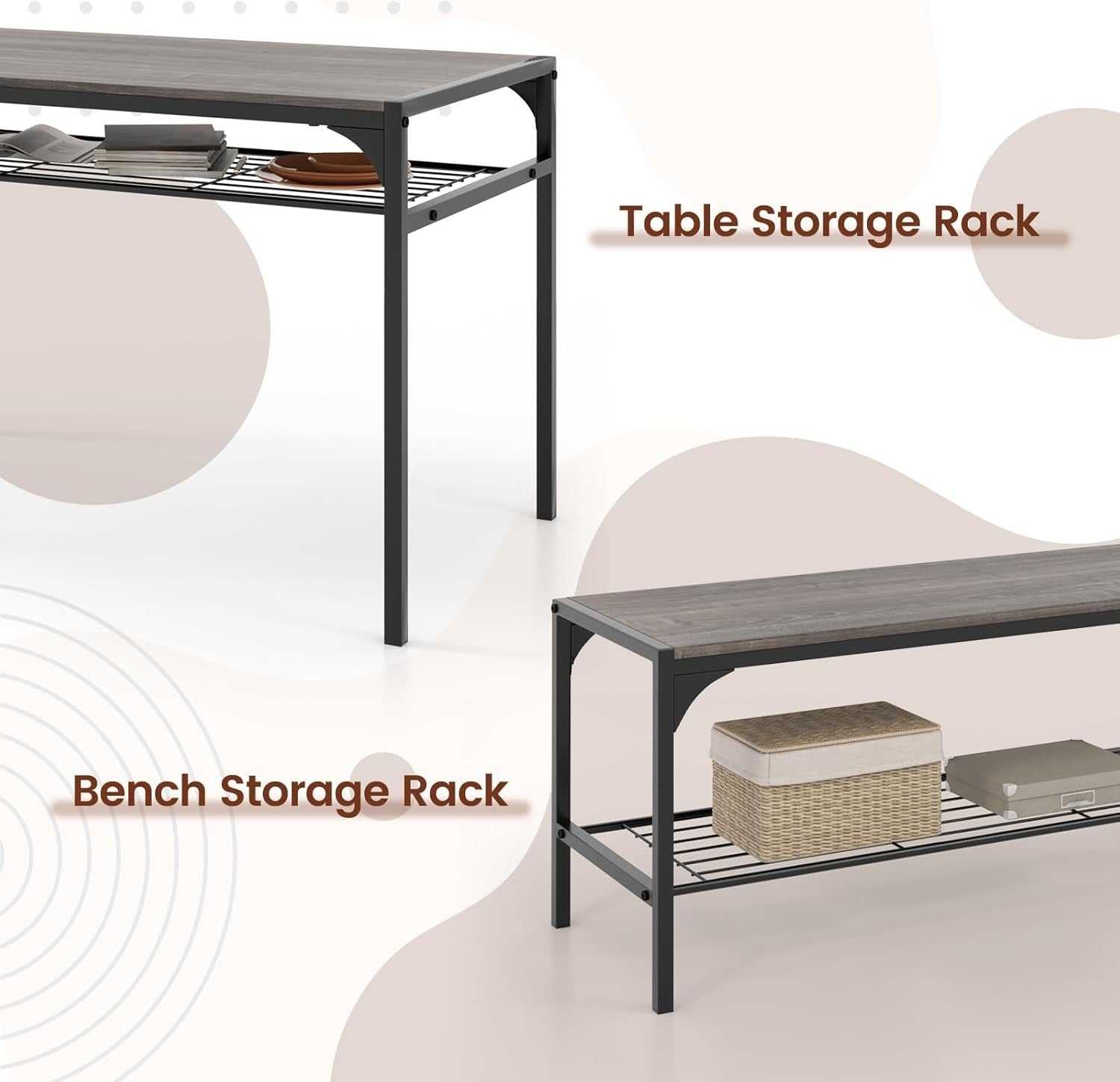 4 Seater Dining Table Bench Set w/ Storage Racks Grey Oak Metal Frame