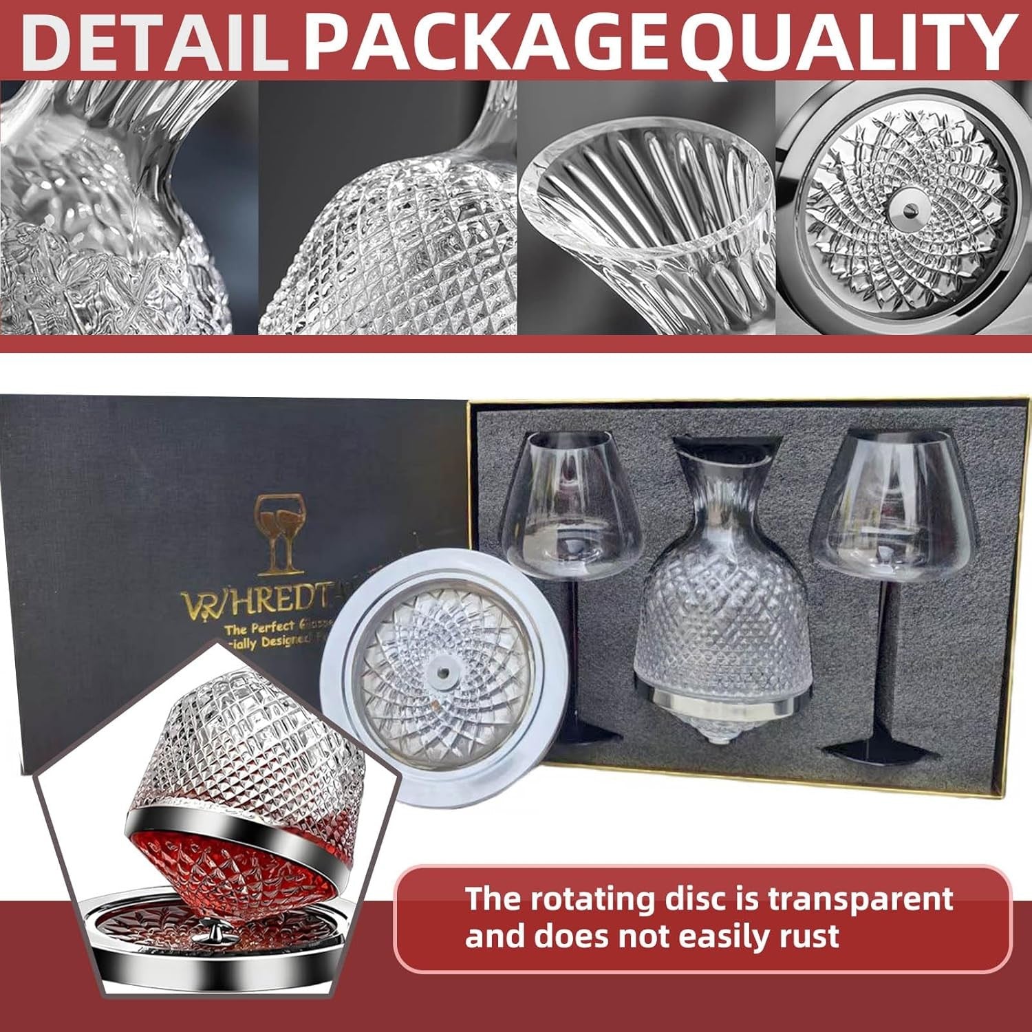 Luxury Crystal Wine Decanter Set 1500ml with 2 Glasses Rotating Aerator Gift