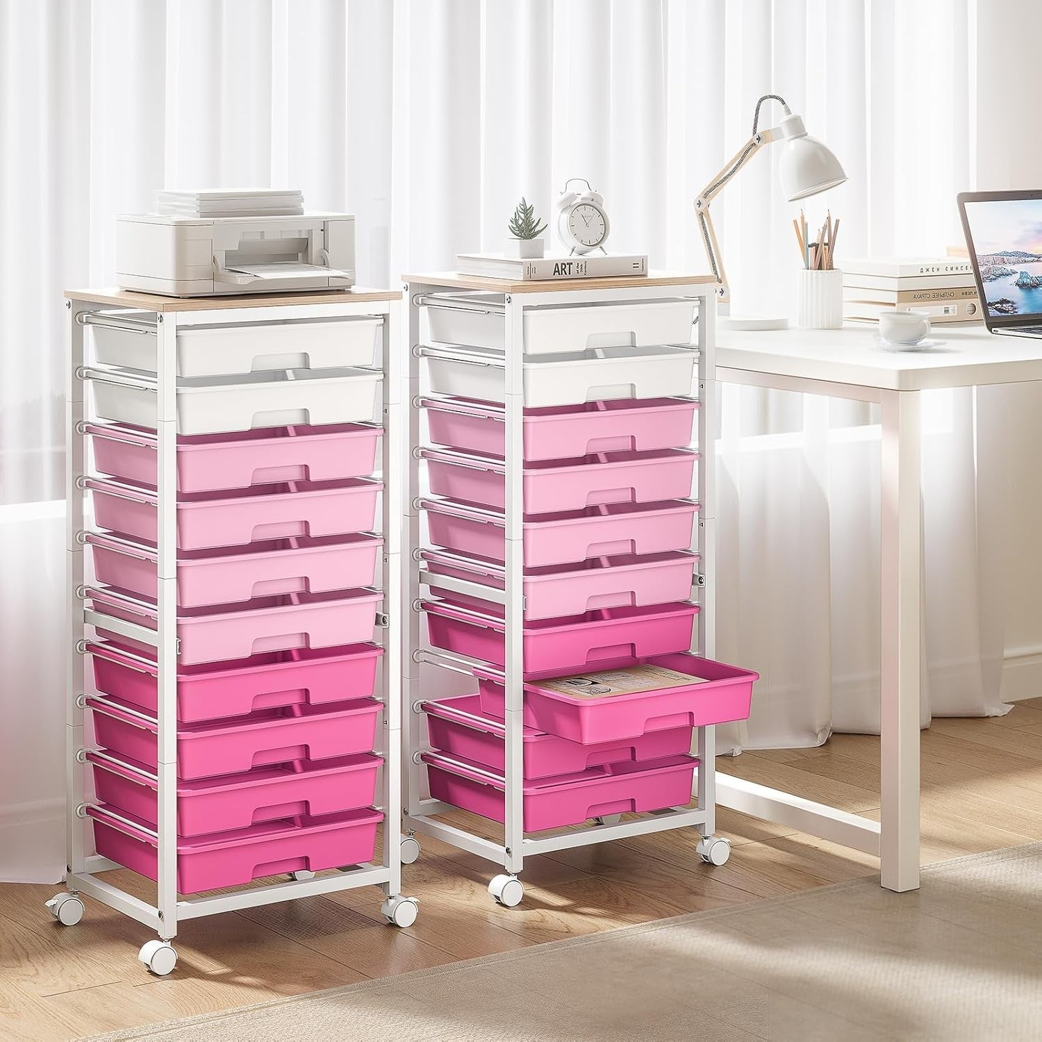 10 Drawer Storage Trolley Pink Craft Organizer Cart with Wheels