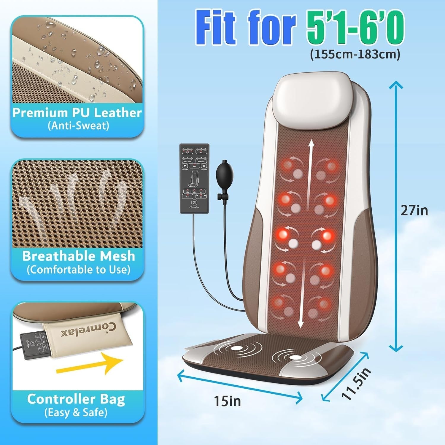 Heated Shiatsu Back Massager Cushion with Rollers, Vibration & Timer