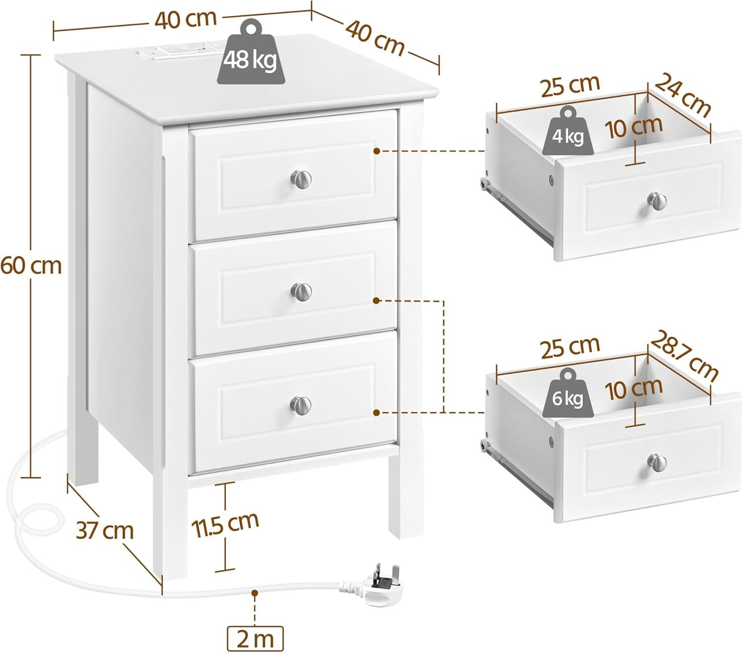 Drawer Bedside Table with Charging Station & USB Ports – White Modern Nightstand