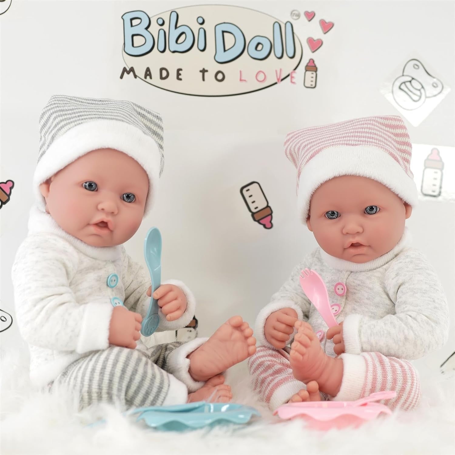 Twin Baby Dolls Boy Girl Set w Dummies Feeding Accessories Gift