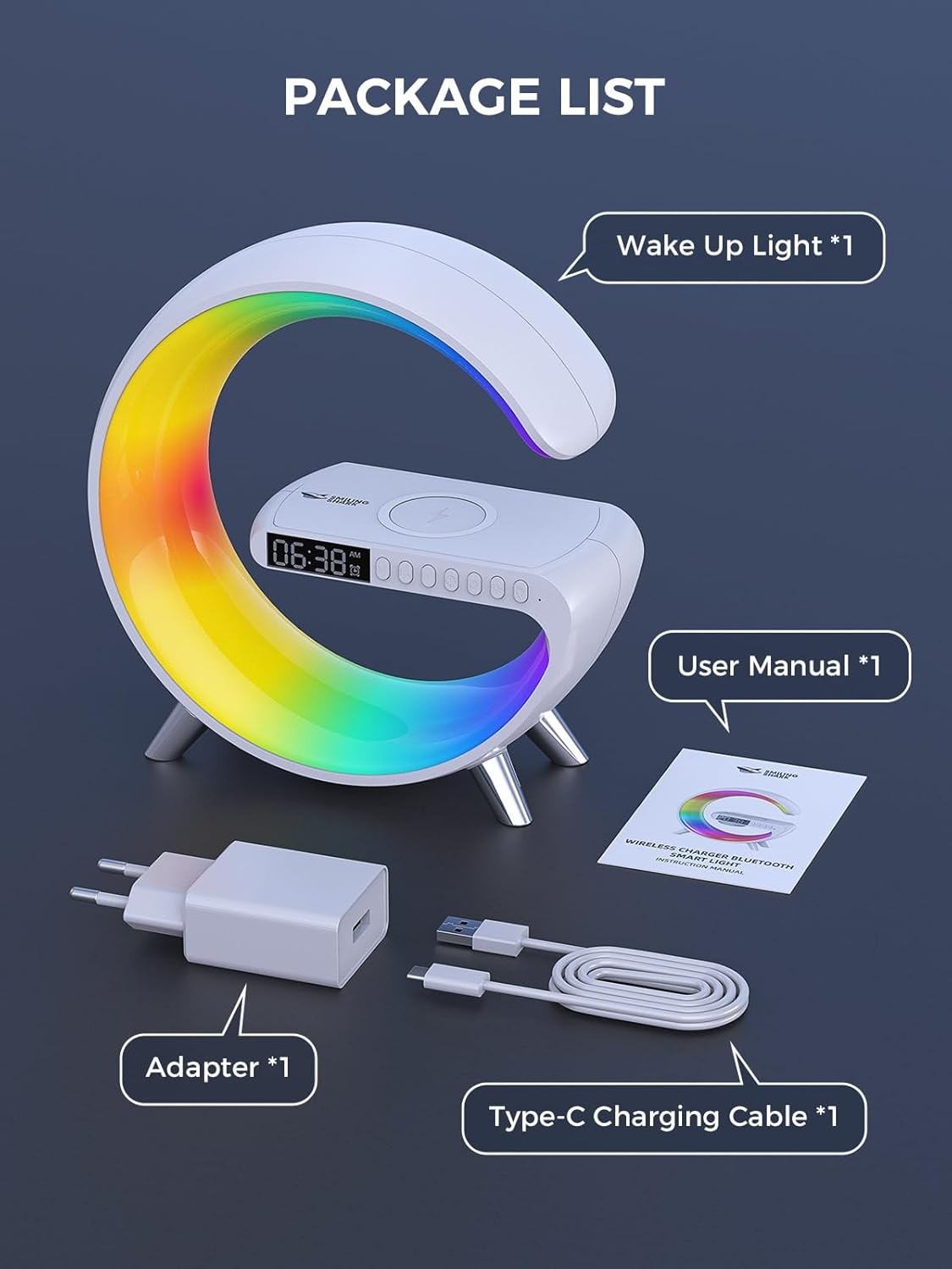White RGB G-Shape Sunrise Wake Up Light Alarm Bluetooth Speaker Wireless Charger