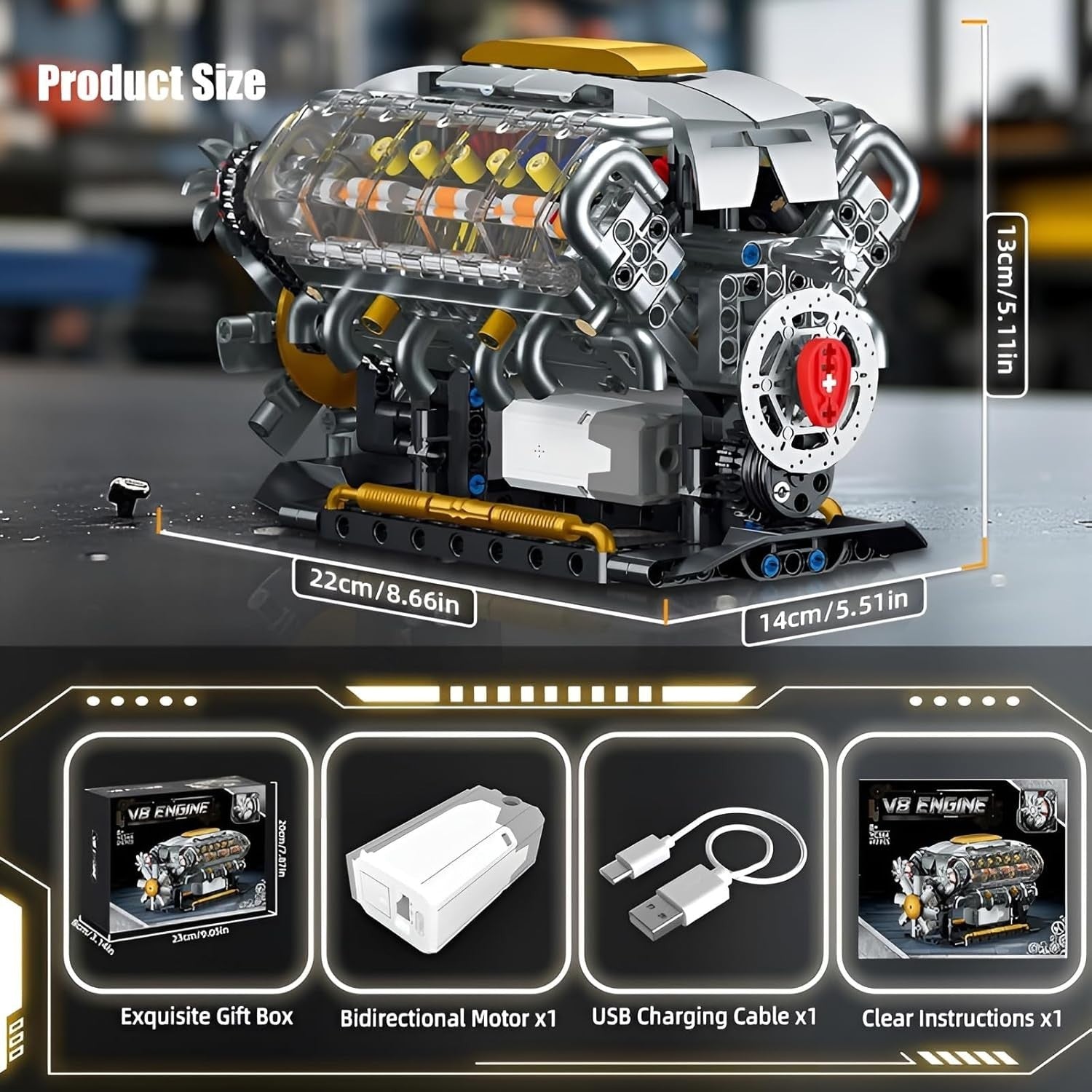 V8 Engine Model Kit 692PCS STEM Buildable Transparent Moving Parts Toy