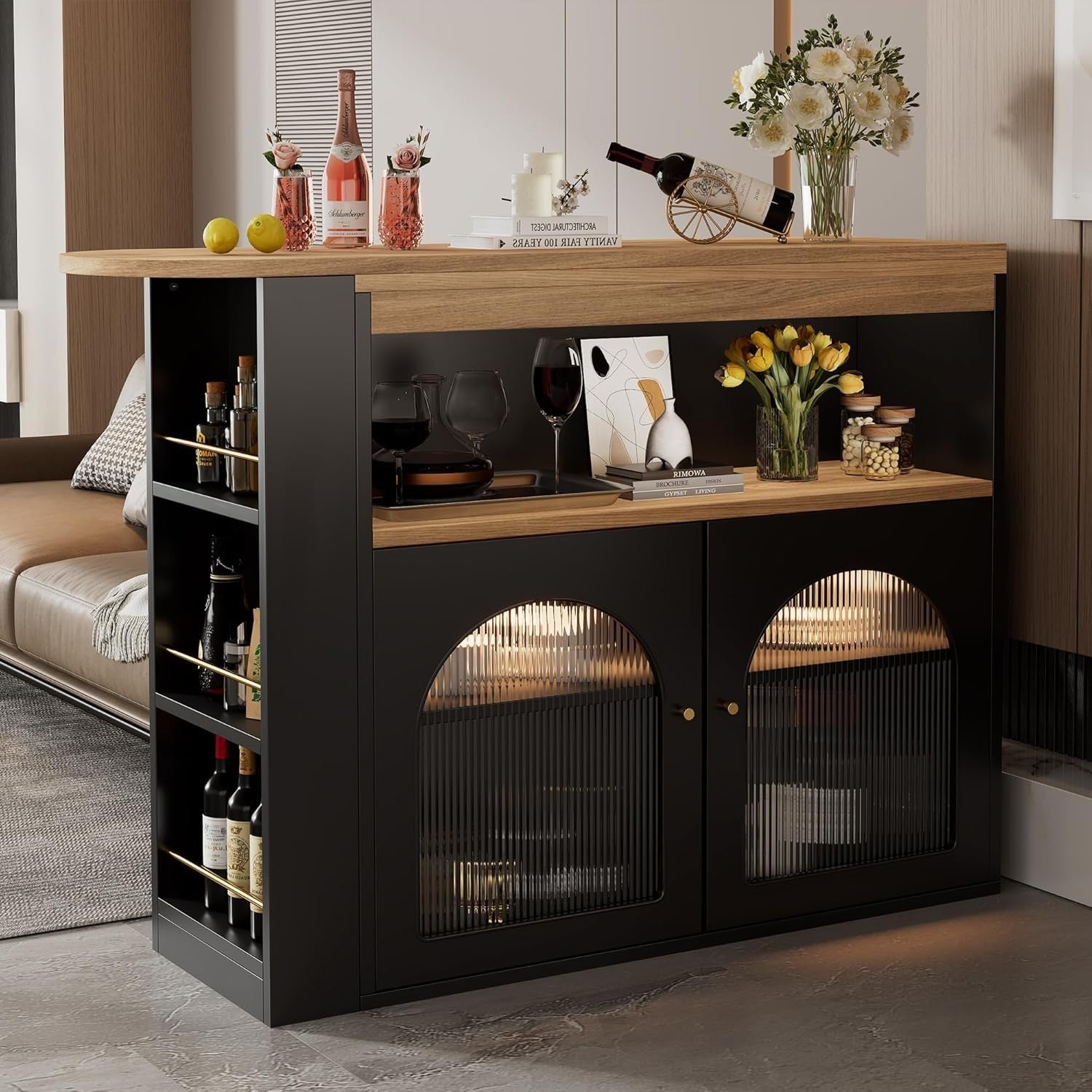 360° Swivel Bar Table LED Strip & 3 Tier Storage Shelves Modern Black Furniture