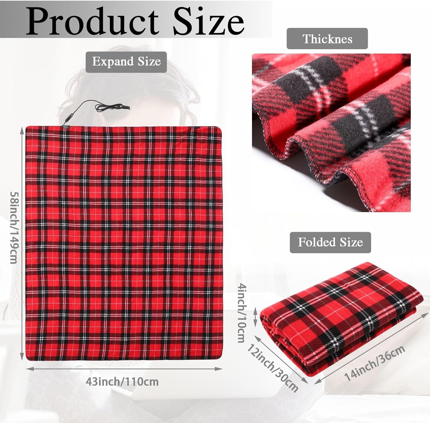 12V Heated Car Blanket Electric Winter Travel Throw Black Red Plaid