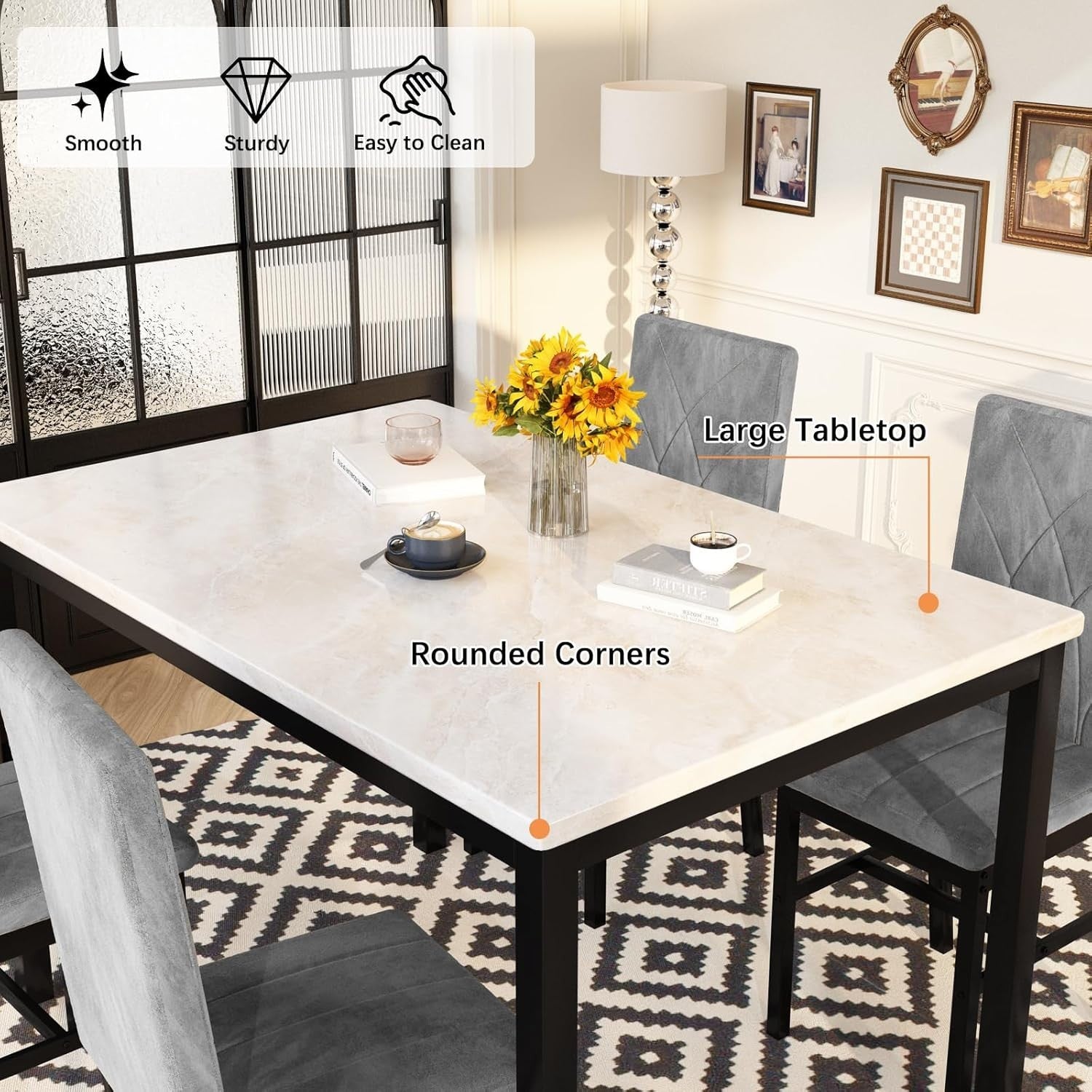 4 Seater Dining Table Set Marble Top & Velvet Chairs Modern Beige Grey