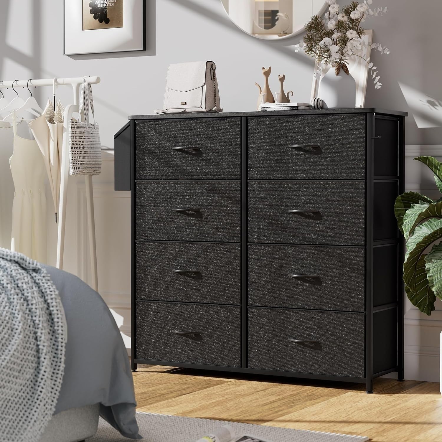 Black 8 Drawer Fabric Storage Unit w/ Labels & Pocket – 80x30x97cm
