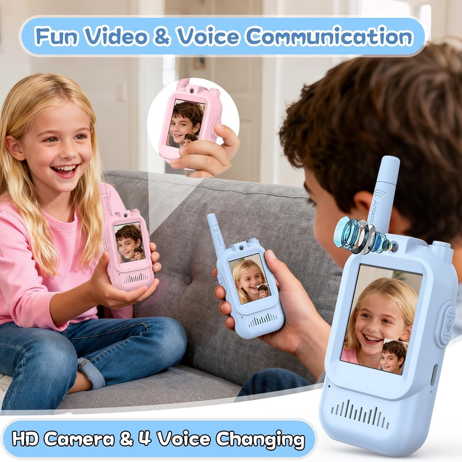 Video Walkie Talkies for Kids Long Range 2 Way Radio Toy 2 Pack Pink Blue