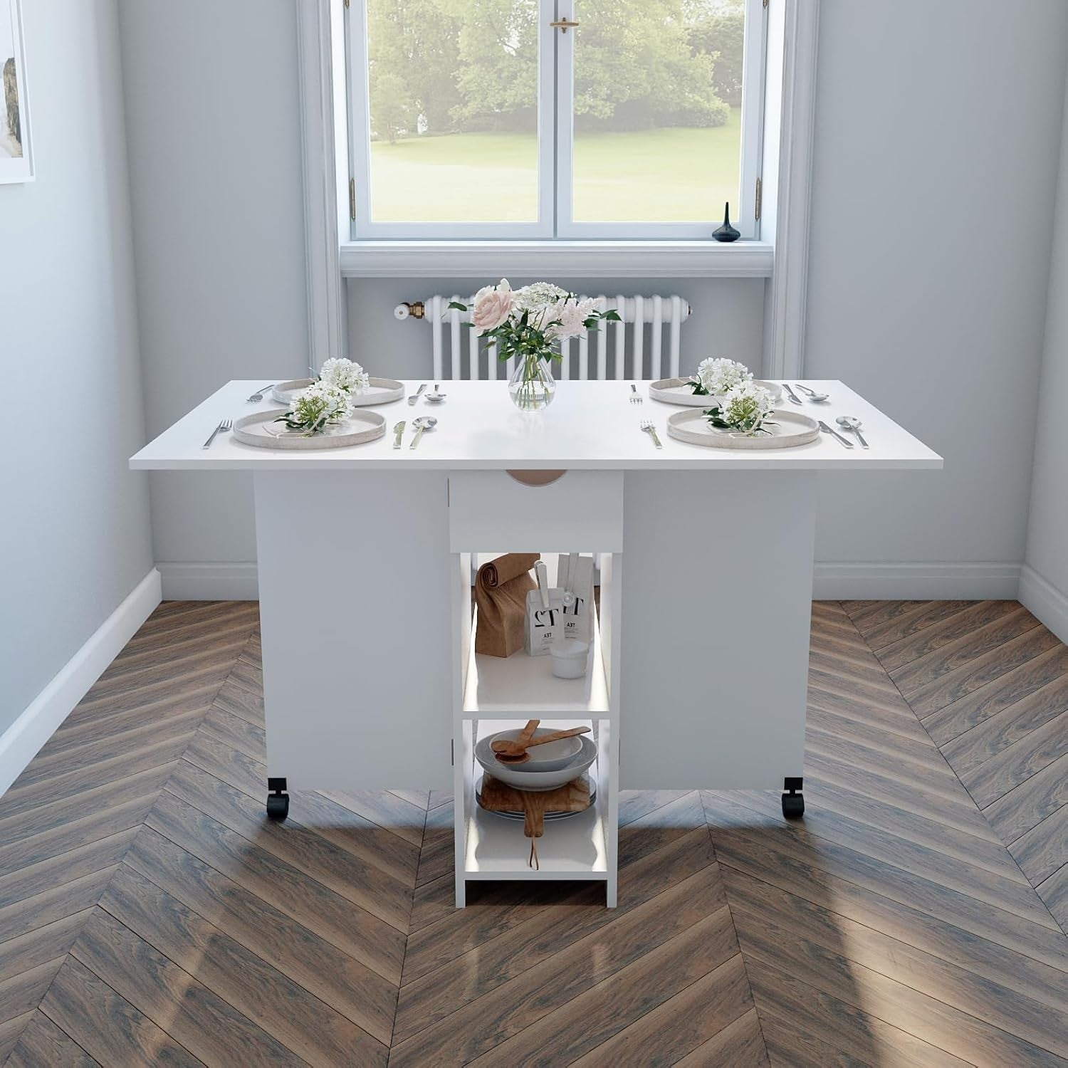 Folding Drop Leaf Dining Table w/ Wheels, Storage & Drawer for Small Space