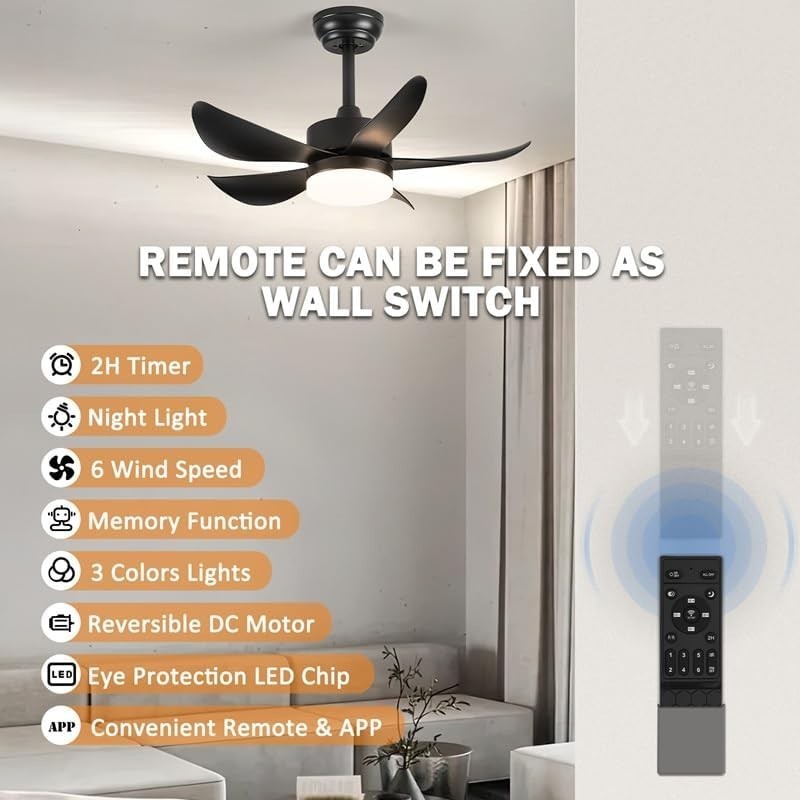 30" Black Ceiling Fan Light, 6 Speeds, Dimmable, Reversible, Quiet Smart Fan