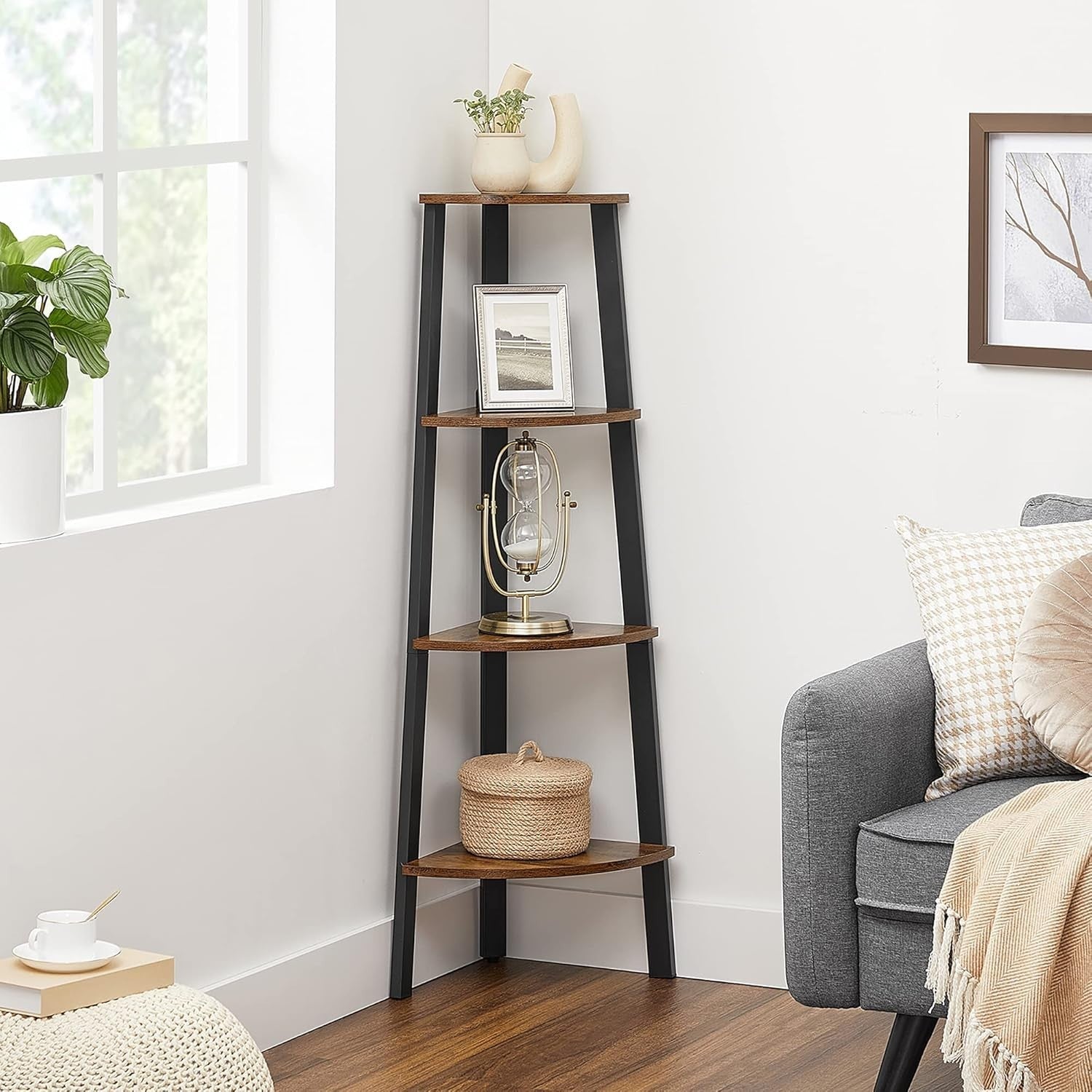 4 Tier Corner Ladder Shelf Rustic Brown Industrial Bookcase Plant Stand