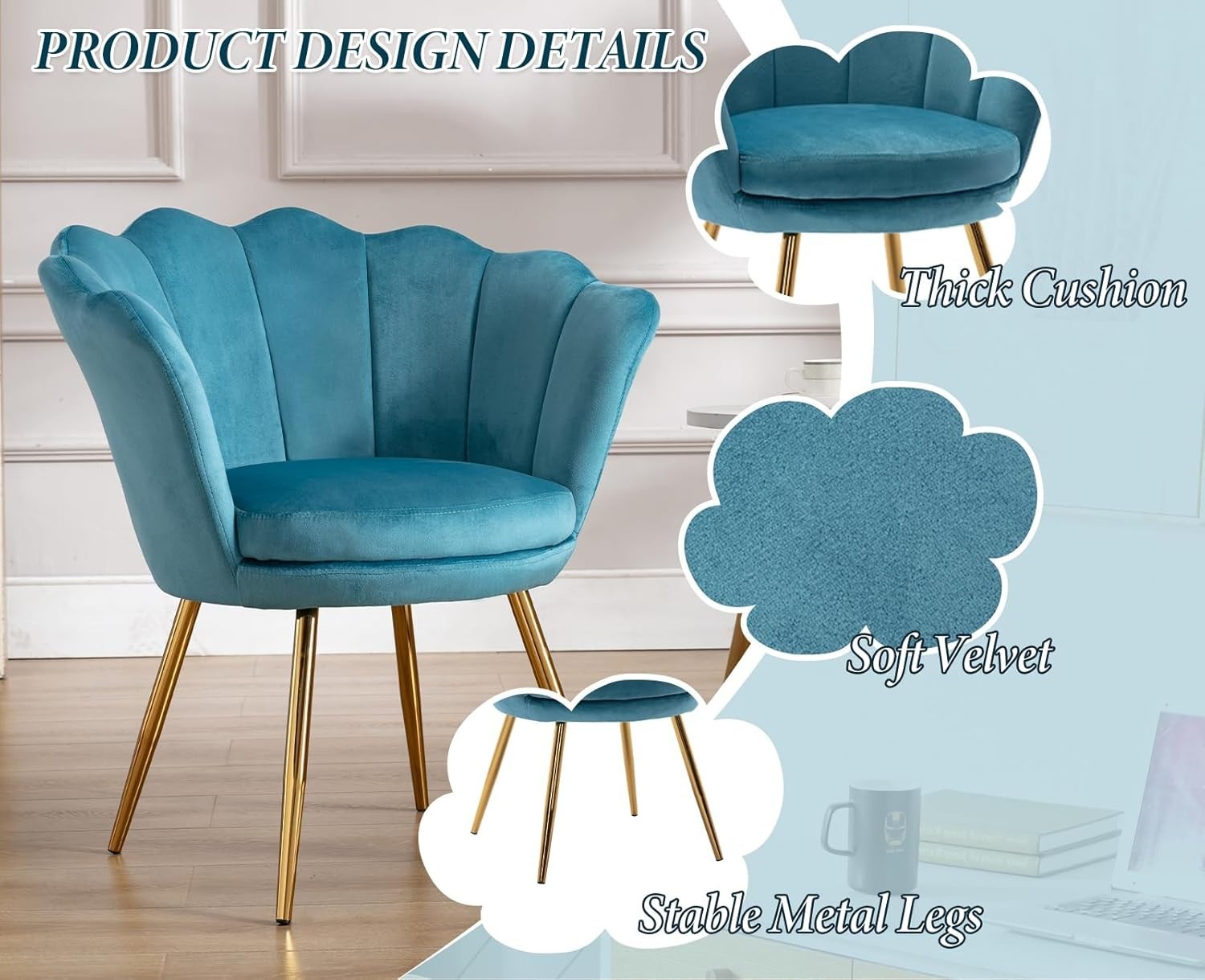 Blue Velvet Lounge Chair Gold Legs | Petal Back Armchair for Bedroom