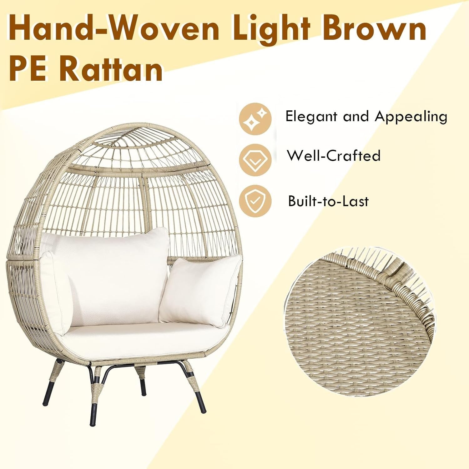 Two Seater Rattan Egg Chair Oversized Cushioned Freestanding Wicker Lounger