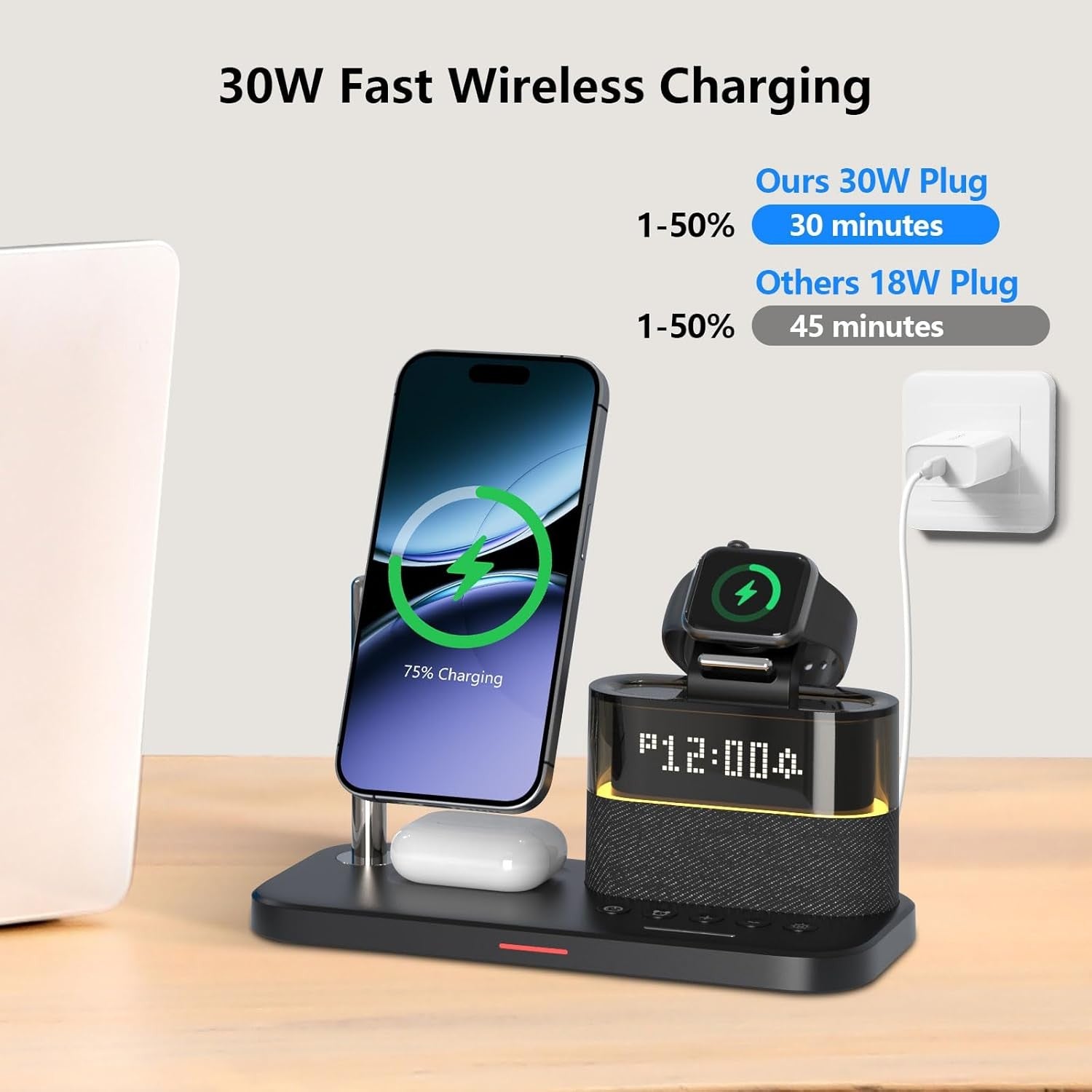 Wireless Charging Station Alarm Clock Fast Charger Stand Night Light