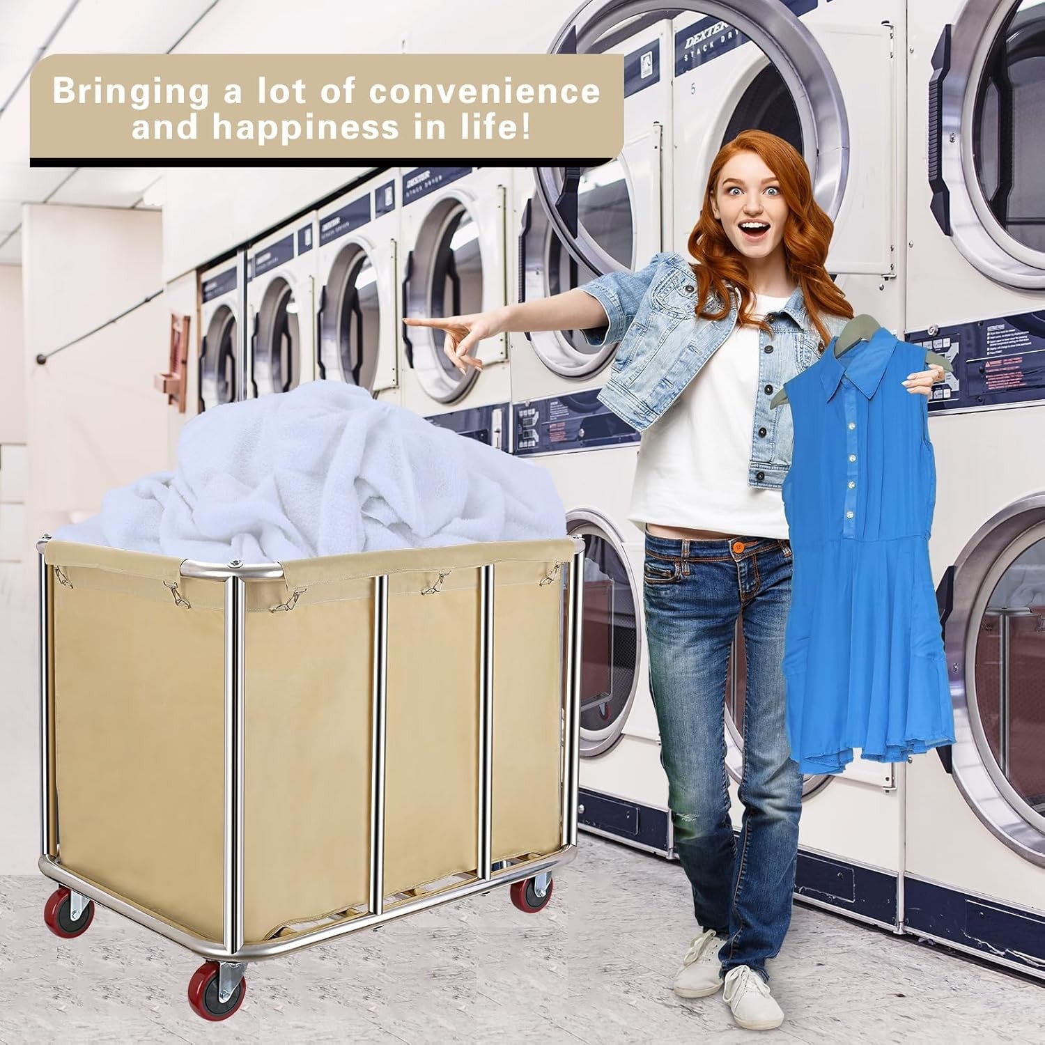 400L Commercial Laundry Cart with Wheels | Heavy Duty Steel Frame Beige Hamper