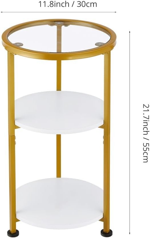 Small Round Glass Side Table with 3-Tier Storage, Tempered Glass & Gold Trim