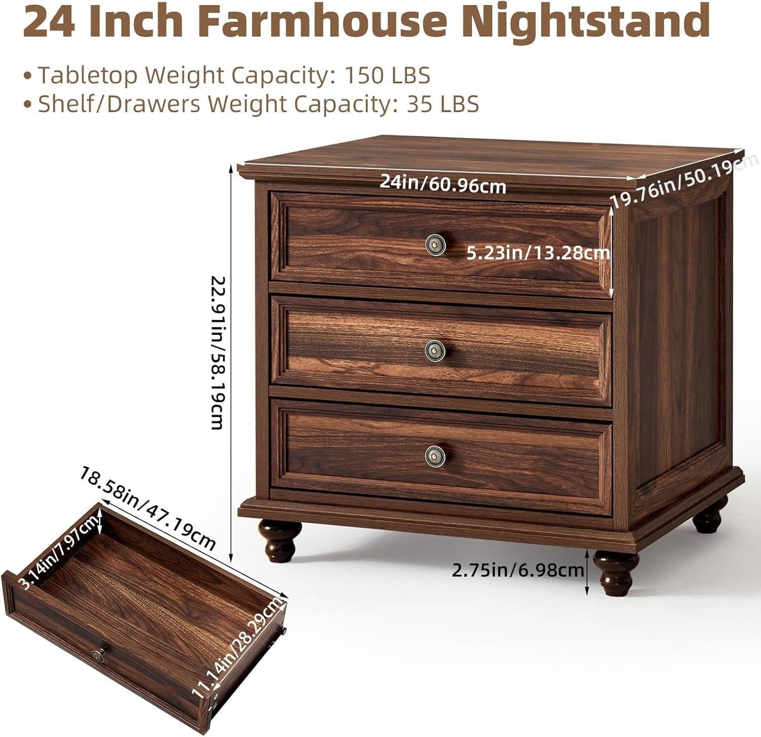Brown Wooden Bedside Table with Drawers – Rustic Farmhouse Nightstand