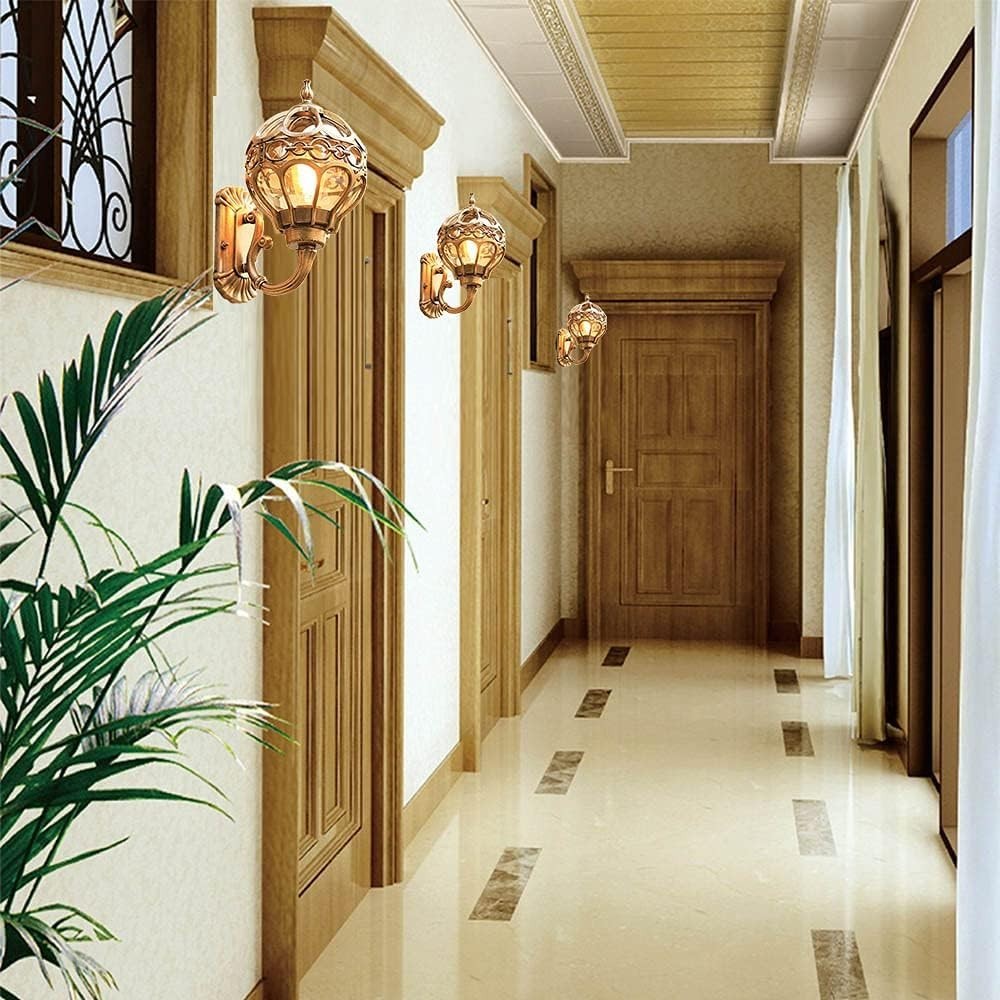 Vintage Gold Outdoor Wall Lantern – Waterproof Glass Sconce Light