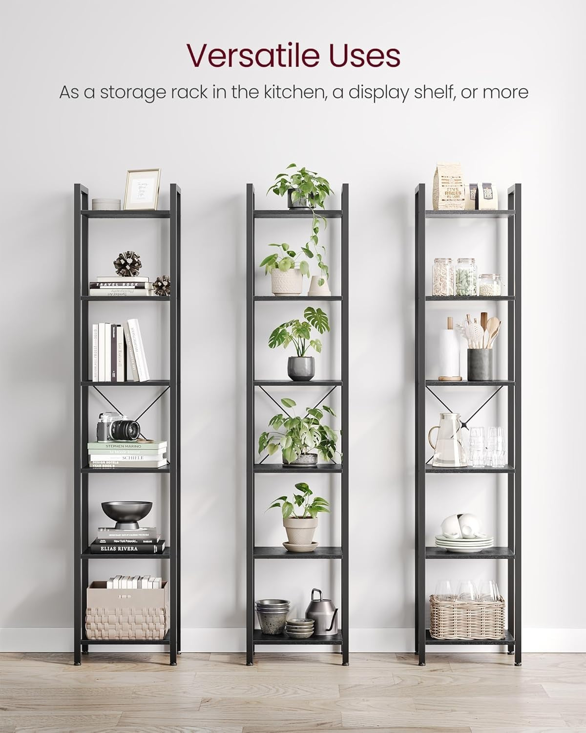 6-Tier Industrial Bookshelf 187.5cm Tall Slim Storage Unit Sturdy Steel Wood