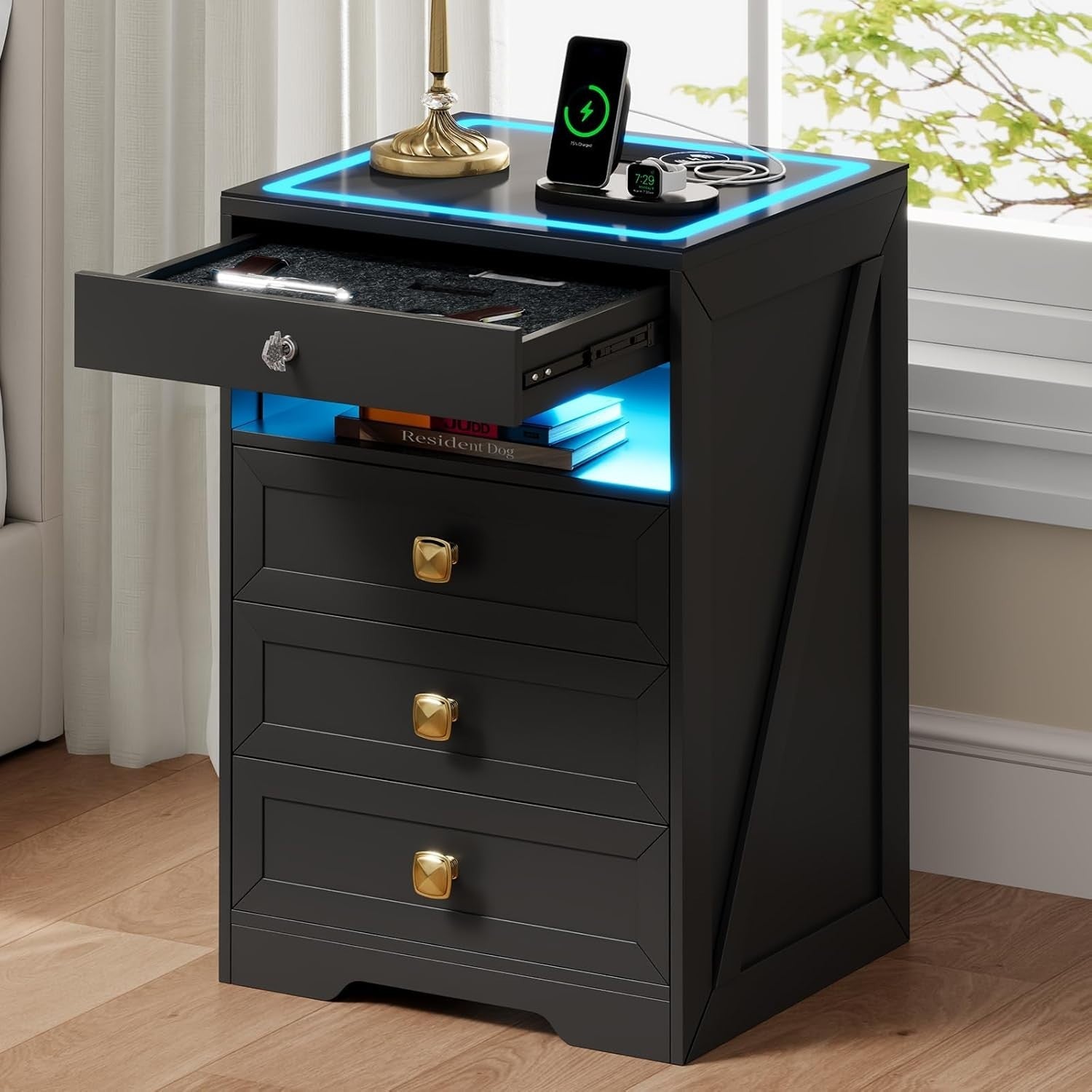 LED Bedside Table with Wireless Charging, 4 Drawers & Lock – Smart Nightstand