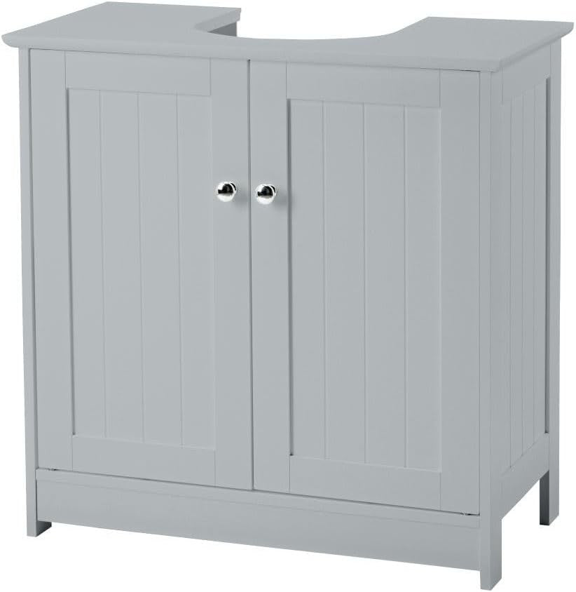 Grey Under Sink Bathroom Cabinet Bamboo Top 2 Door Storage Vanity Unit
