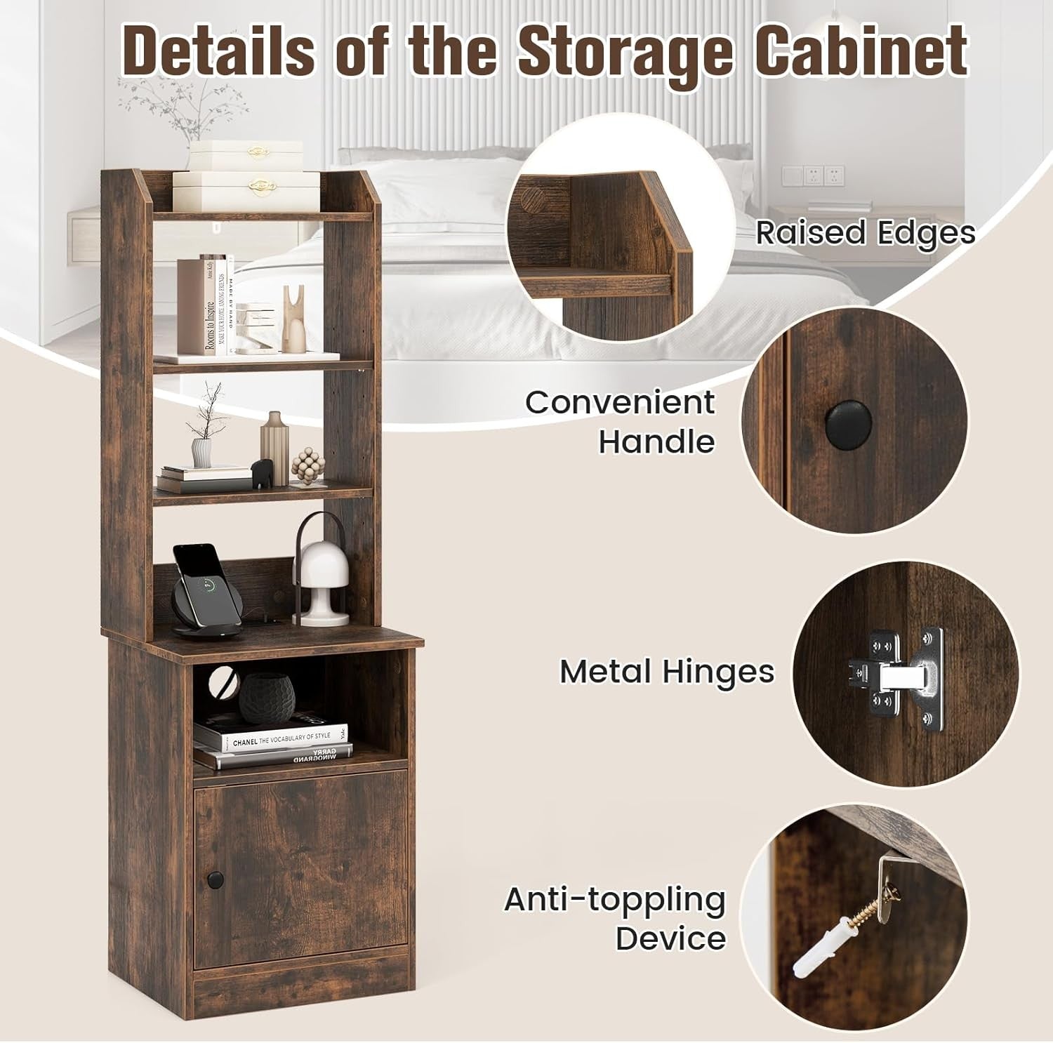 140cm Tall Rustic Brown Bedside Table with Charging Station & Adjustable Bookshe