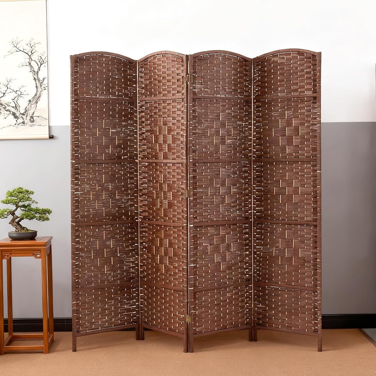 Brown 4 Panel Wicker Folding Room Divider Handwoven Privacy Screen 170cm