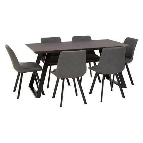 7PC Grey Dining Table Set with Upholstered Chairs – Modern Rectangular